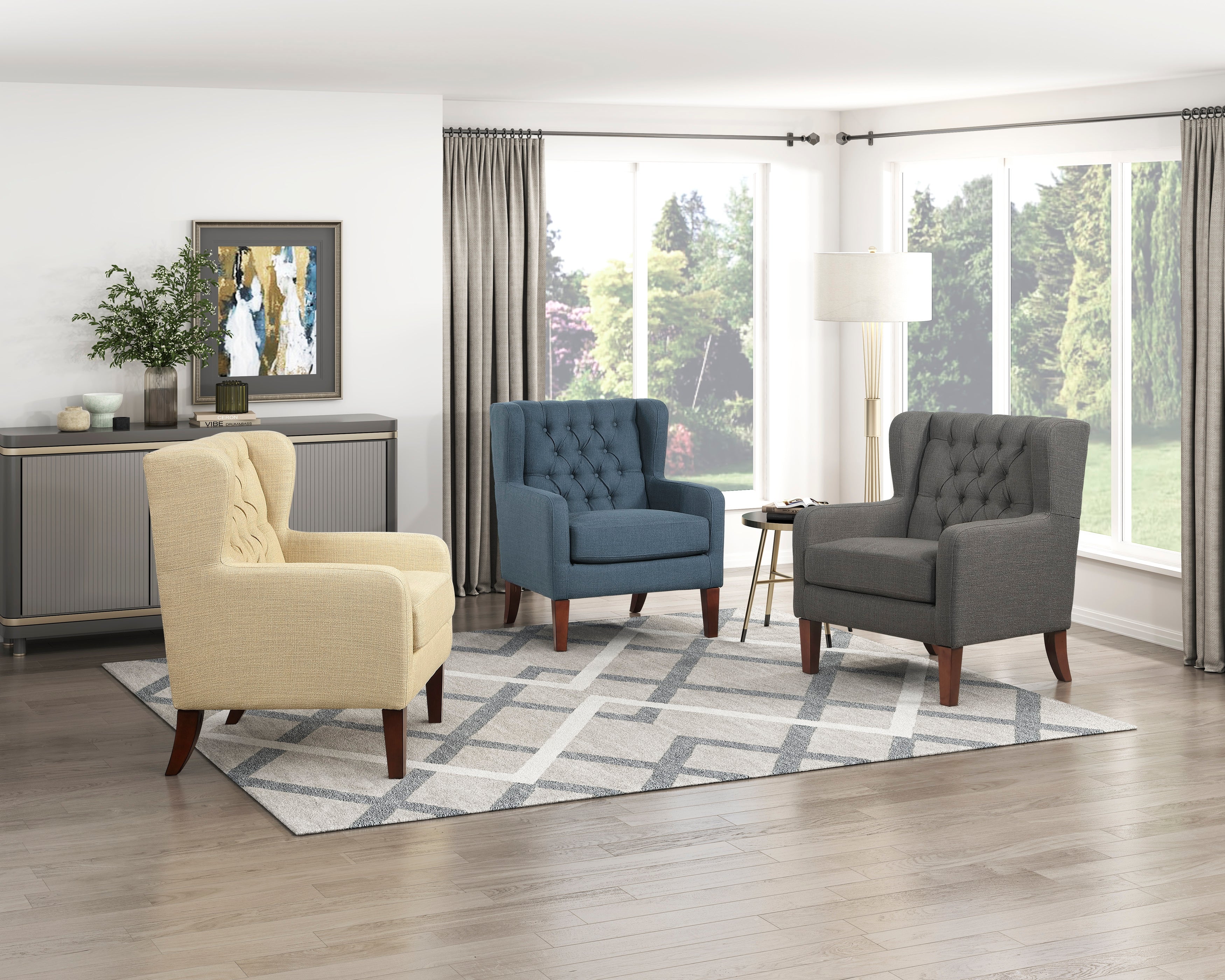 Button-Tufted Wingback Accent Chair with Solid Wood Legs