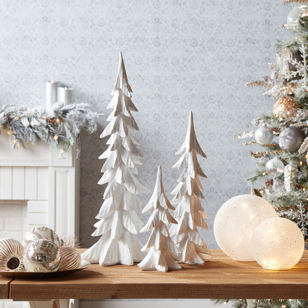Carved Stone Holiday Tree Décor with Glistening White Finish (Set of 3)