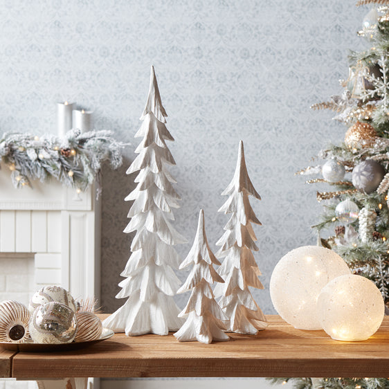 Carved-Stone-Holiday-Tree-Décor-with-Glistening-White-Finish,-Set-of-3-Christmas-Decor