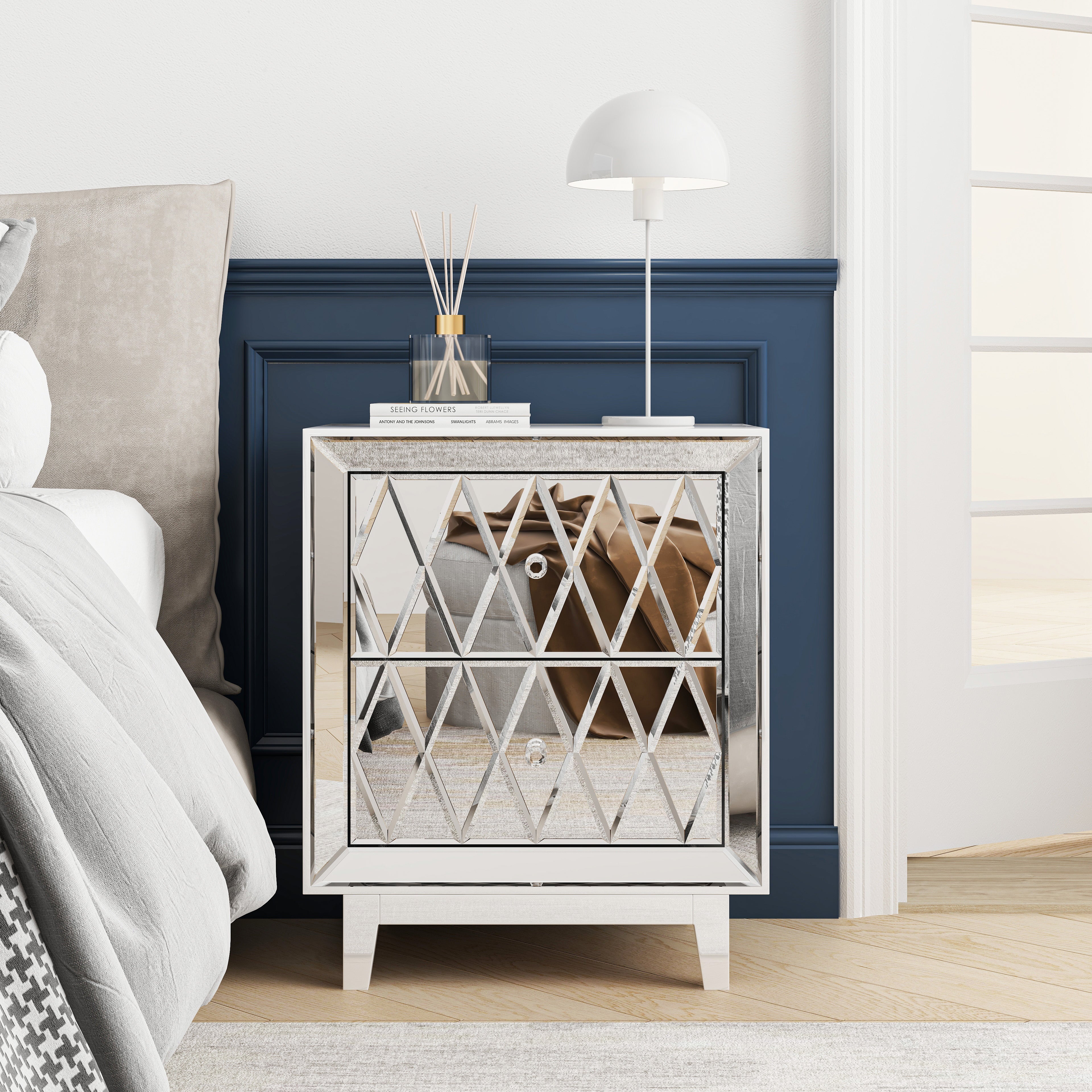 22" Pattern Mirror Glass Nightstand with 2 Drawers