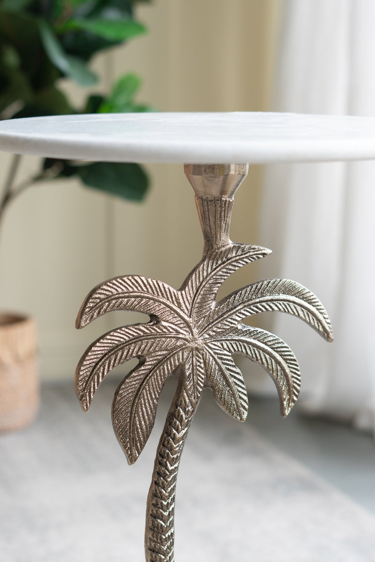 Round Side Table With White Marble Top And Gold Palm Tree Design