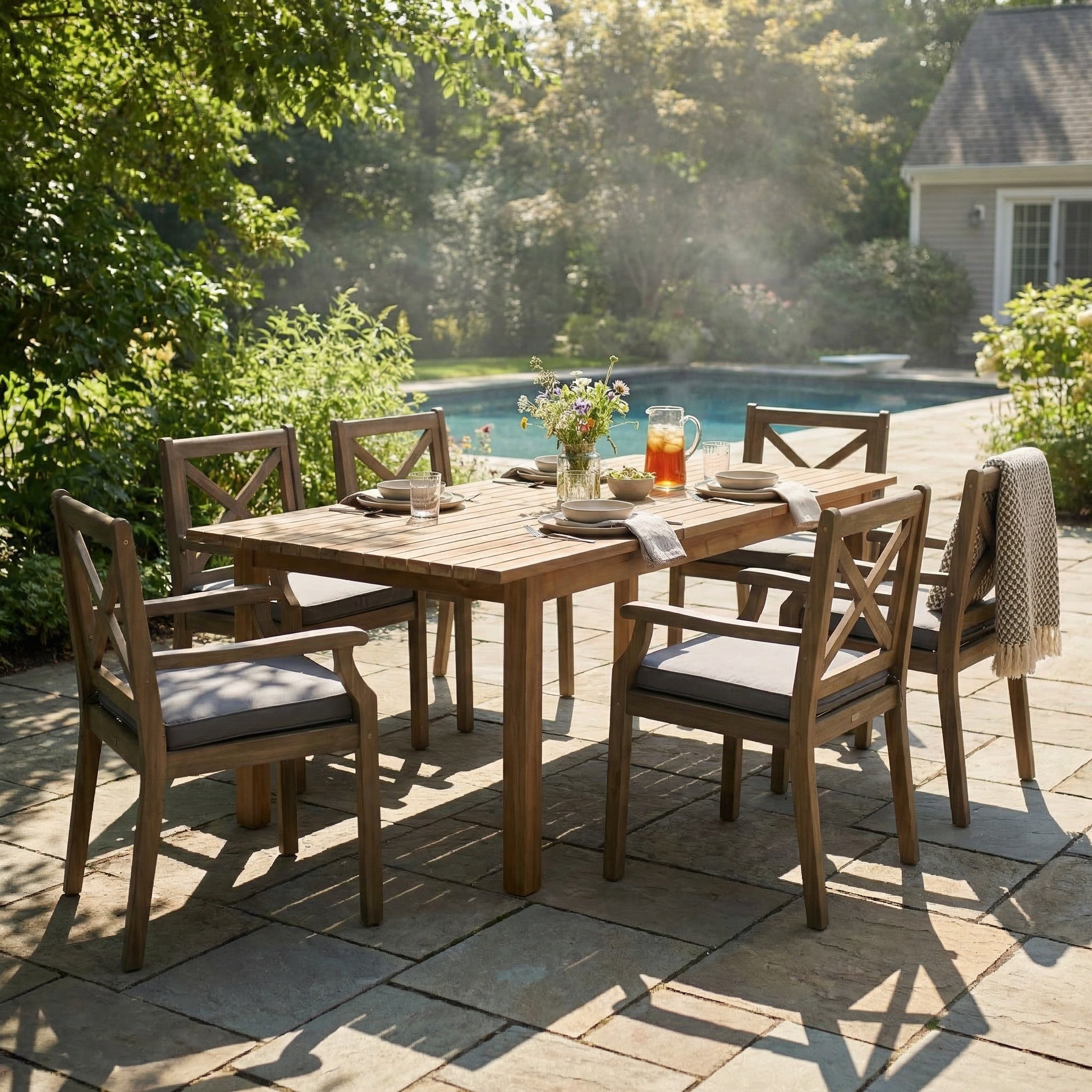 7 Pieces Acacia Wood Outdoor Dining Set with Dark Grey Cushions,Modern 6 Chairs  1 Large Table,Dining Furniture Set for Lawn, Backyard, Garden Deck,Poolside,Grey