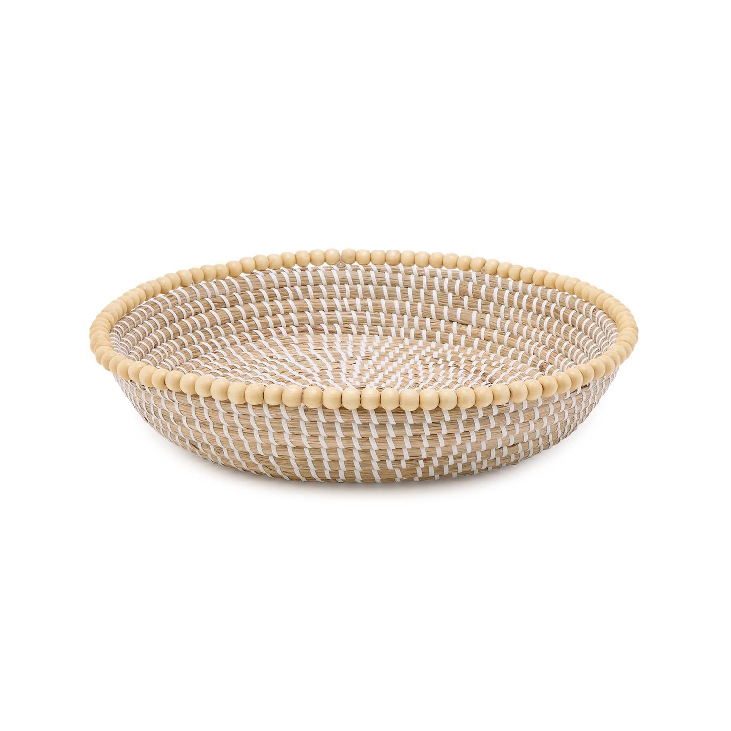 Natural Seagrass Round Serving Tray with Decorative Wooden Bead Accent, Set of 3