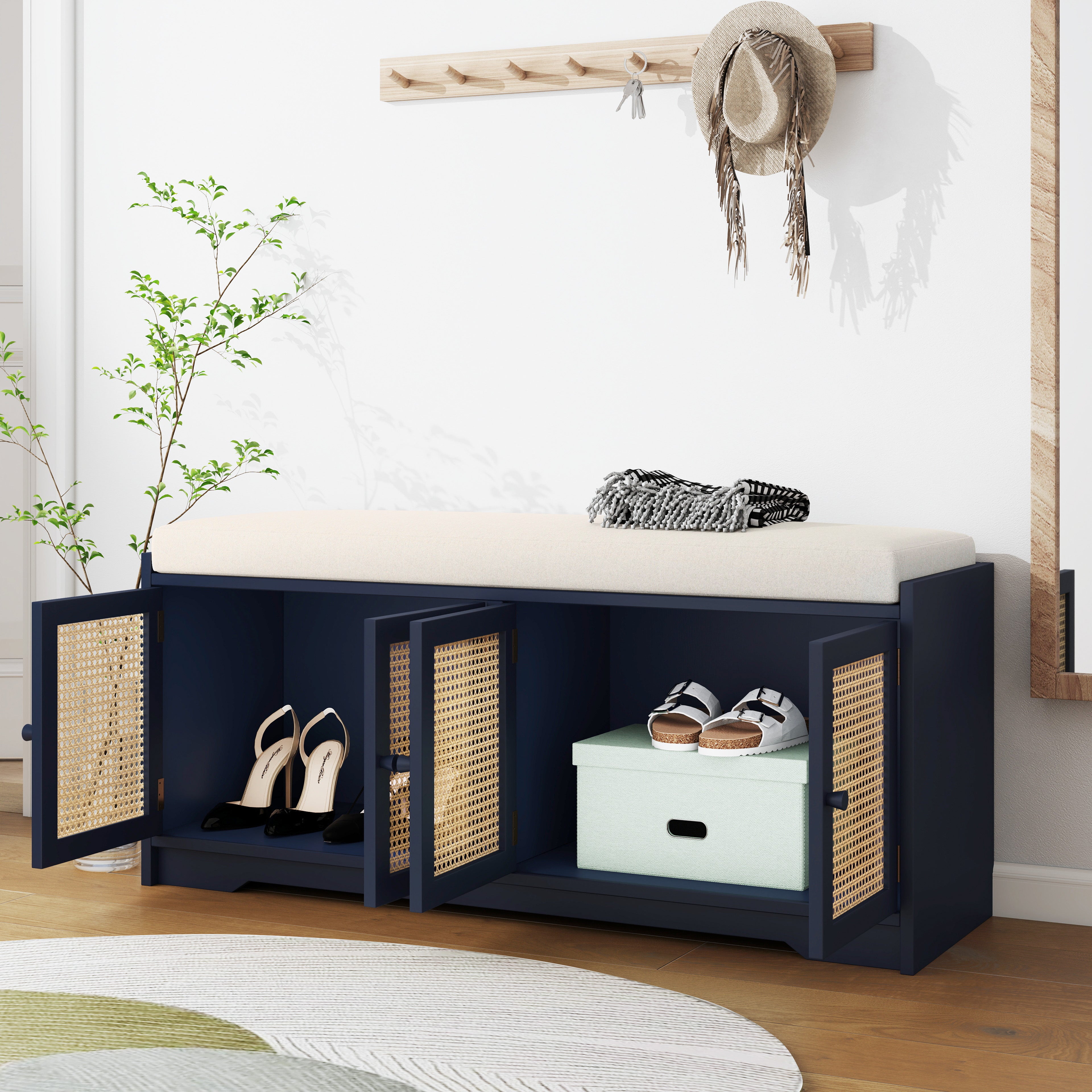 Upholstered Bench with Storage Cabinet and 4 Rattan Doors