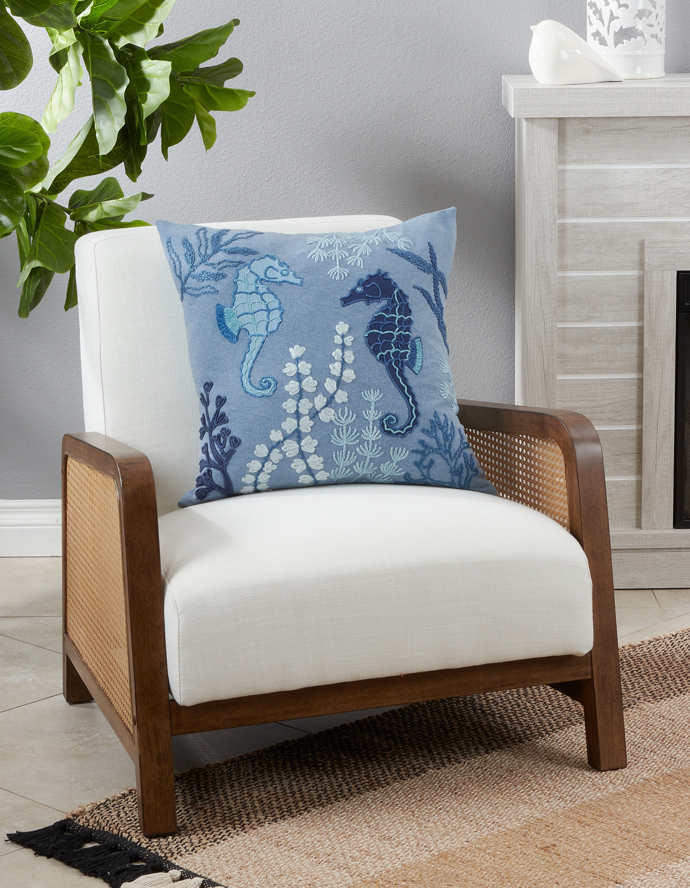 Stonewashed Sea Horse Poly Filled Throw Pillow