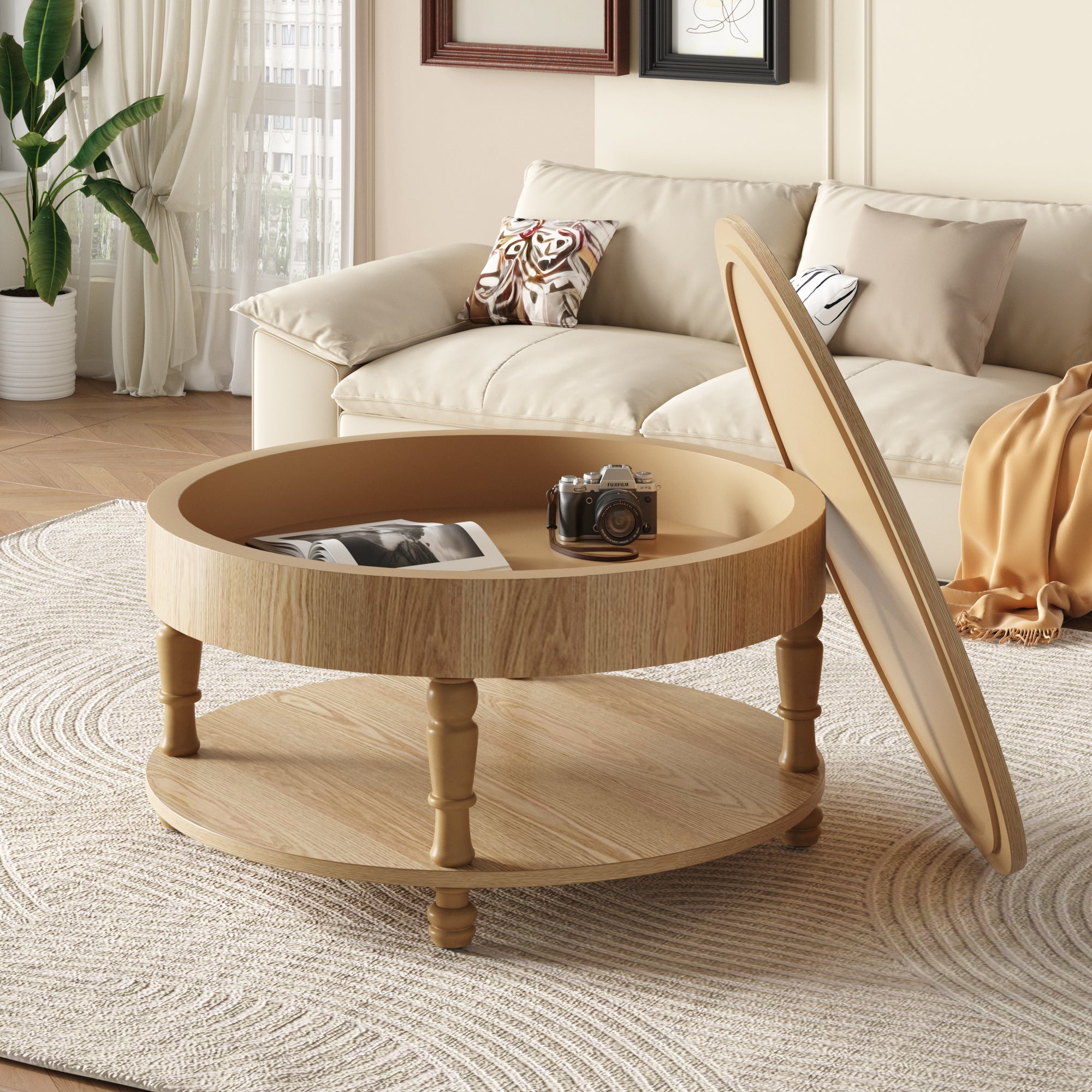 Traditional Round Coffee Table with Storage and Hidden Compartment