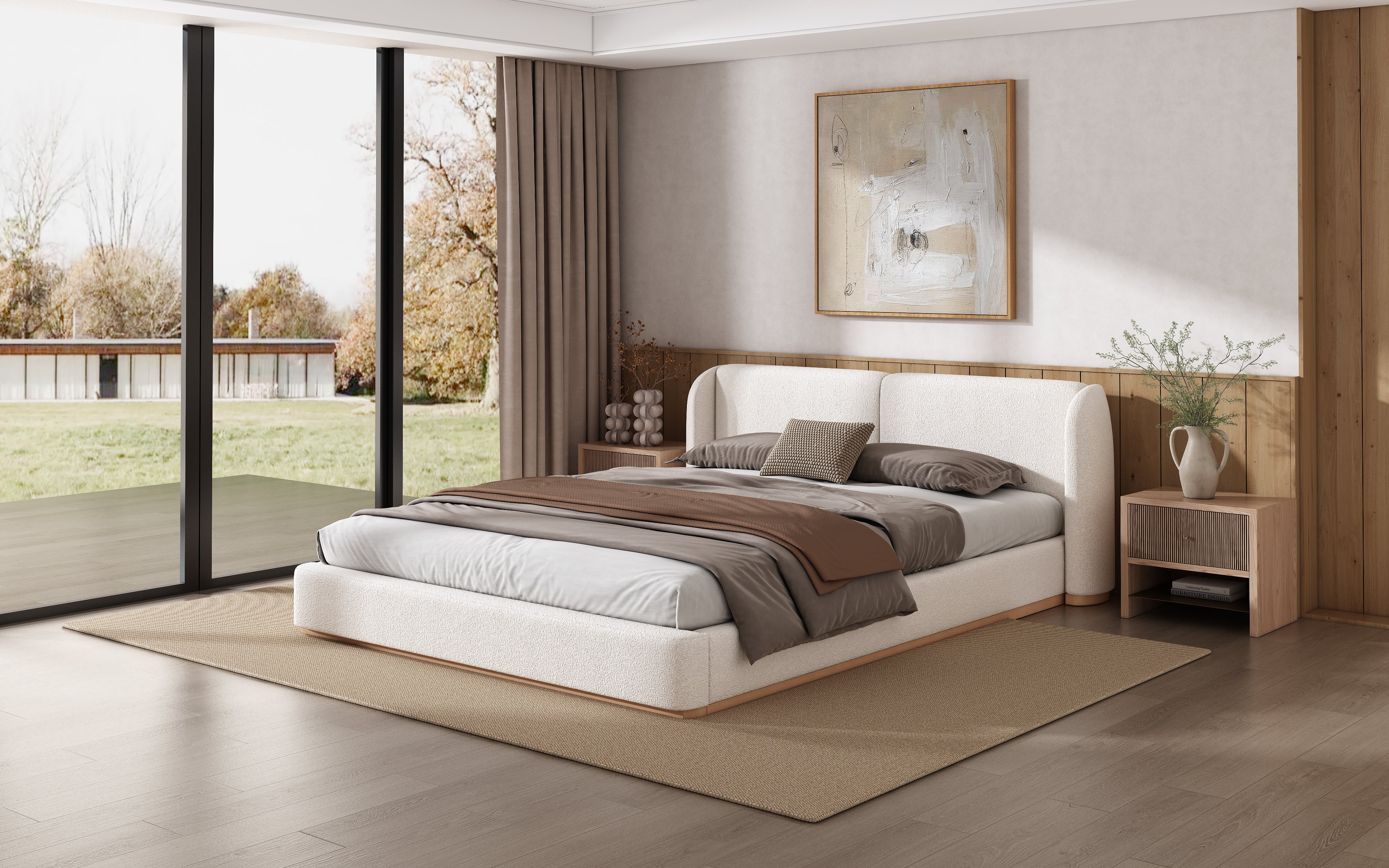 Bed Frame with Boucle Upholstered Wingback Headboard