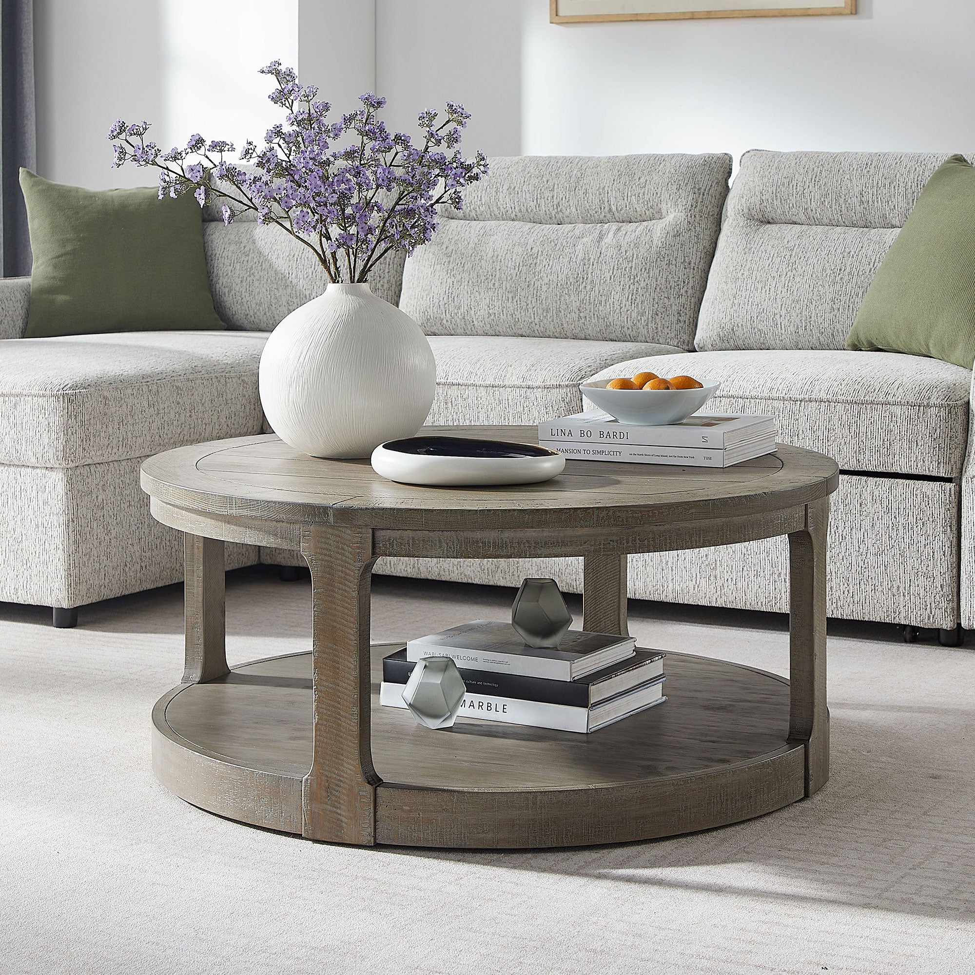 40inch Large Curved 2 Tier Traditional Round Circle Wooden Center Coffee Table,Rounded Table with Wheels,Mid Century Rustic Style Table for living Room,Office,Apartment,Light Brown