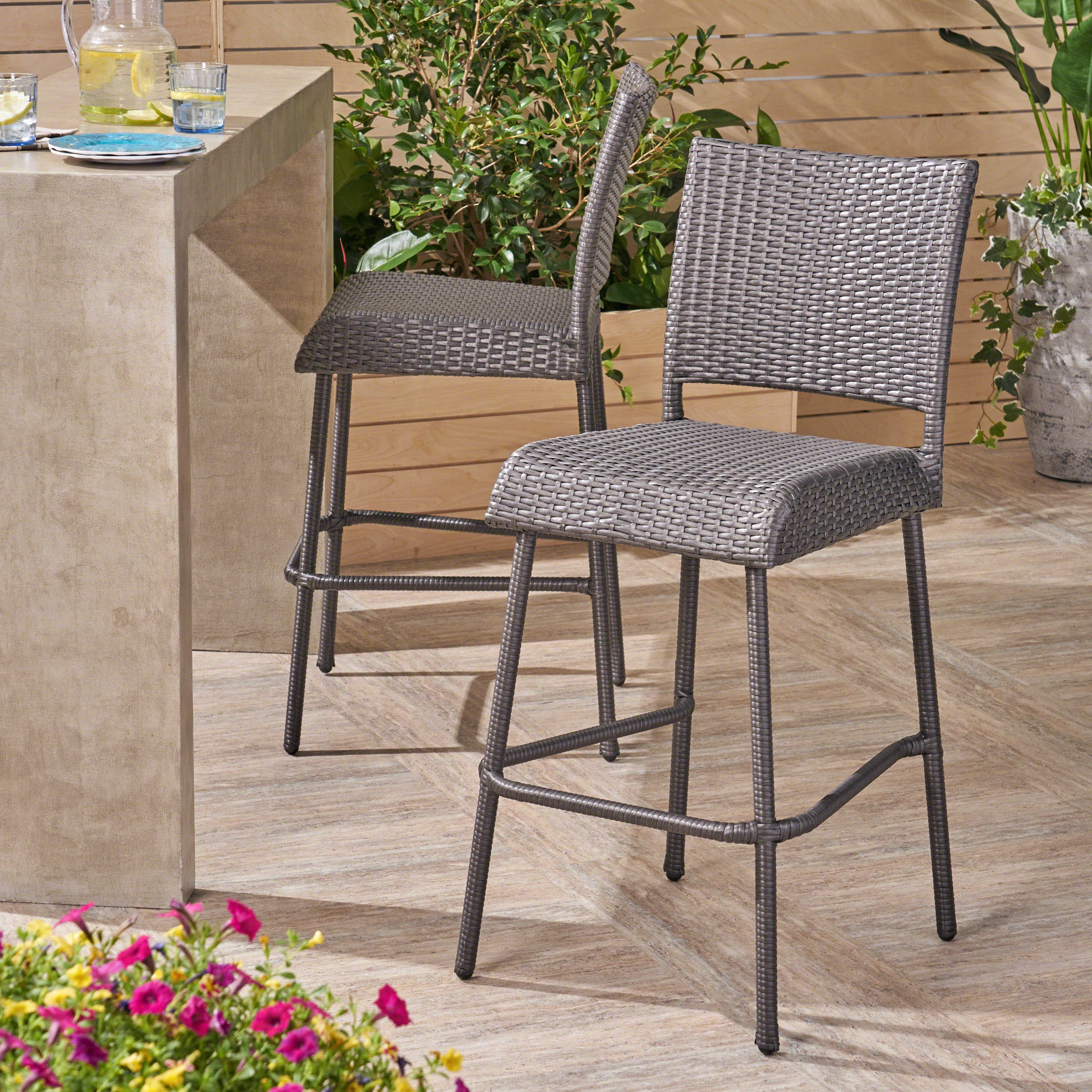29" Outdoor Rattan Armless Barstools, Set of 2