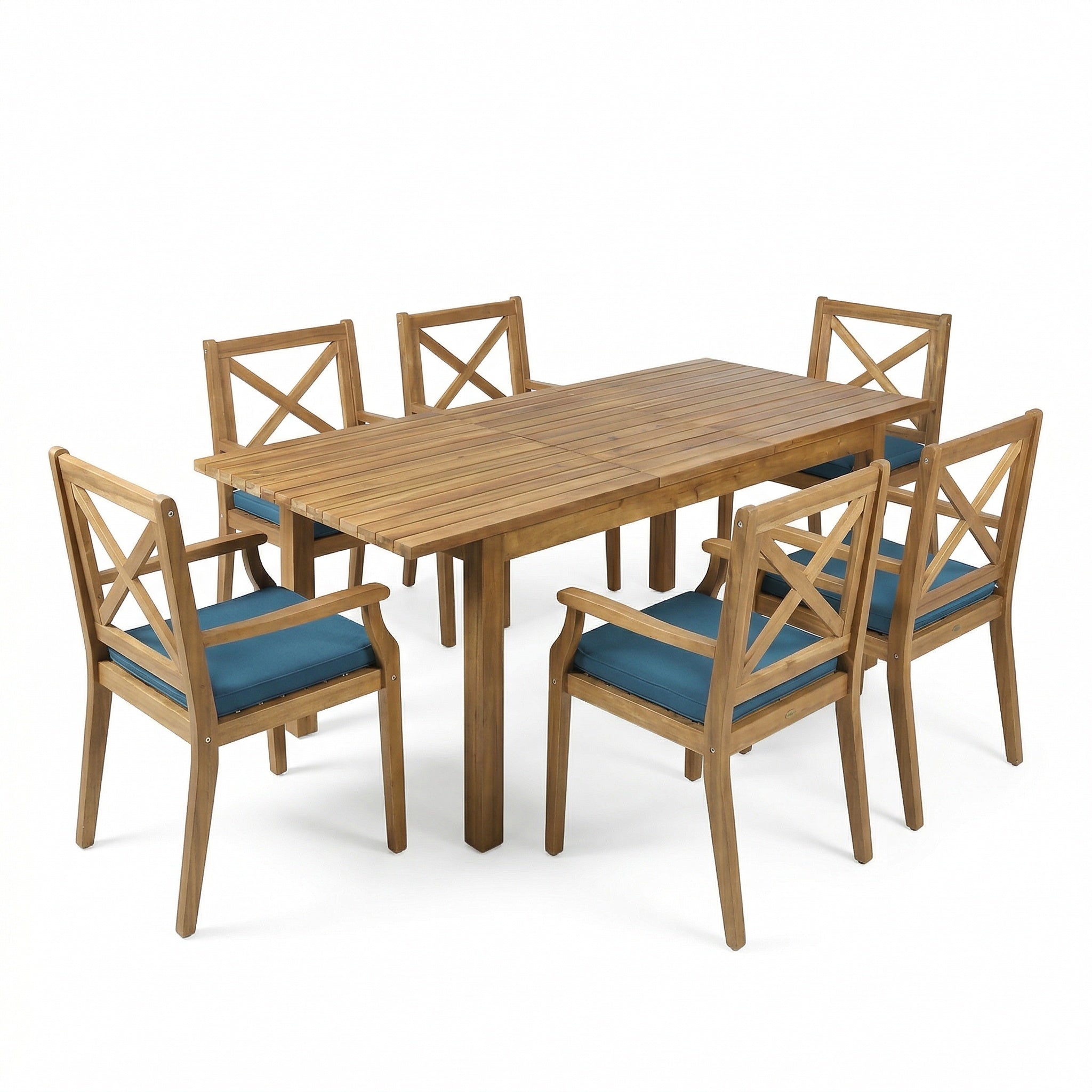 7 Pieces Acacia Wood Outdoor Dining Set with Blue Cushions,Modern 6 Chairs  1 Large Table,Dining Furniture Set for Lawn, Backyard, Garden Deck,Poolside,Teak