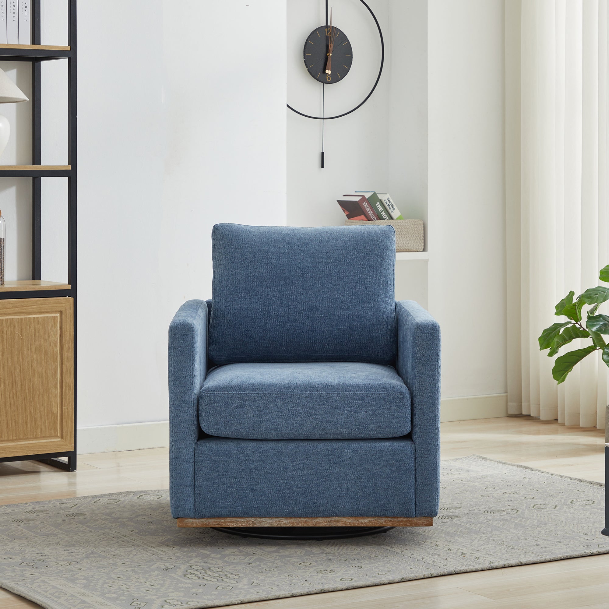 Upholstered Swivel Chair with Square Arms and Metal Base