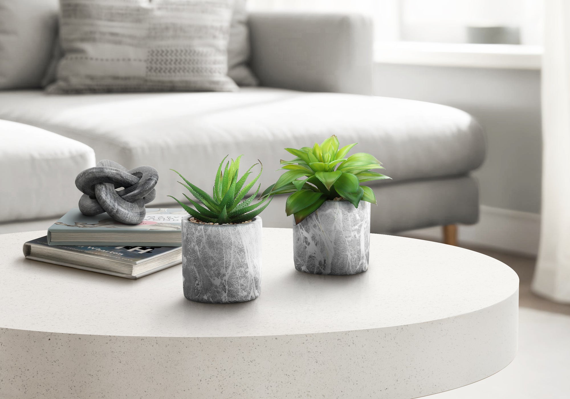6" Faux Succulents with Cement Pots, Set of 2