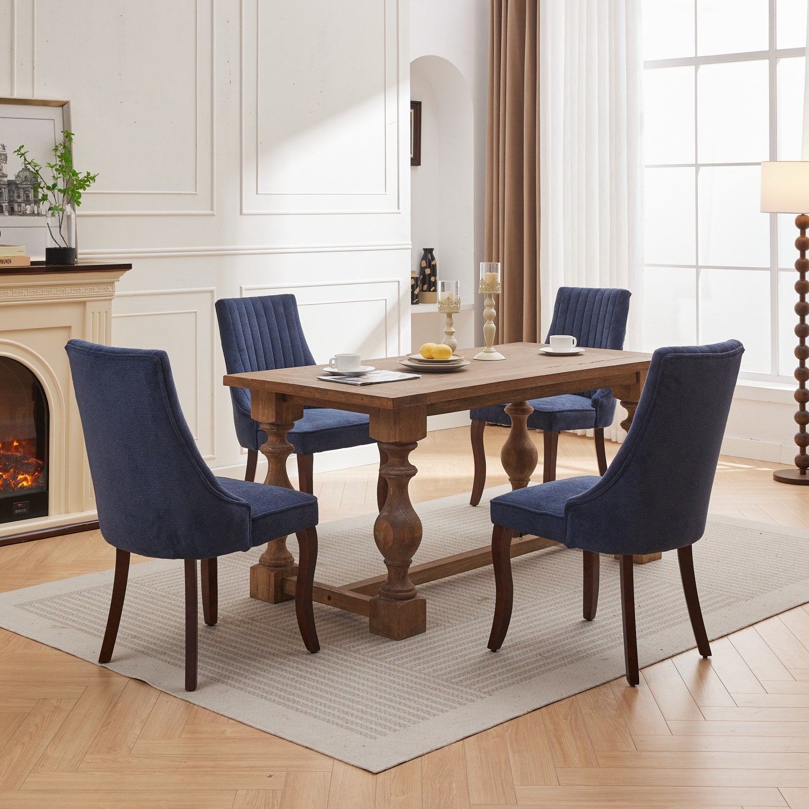 Rayon Cloth Flocking Linen Dining Chairs Channel Kitchen Dinner Chair Comfy Fabric Upholstered Accent Chair for Dining Room with Curved Solid Wood Legs,Set of 2 (Blue), SW1847BL