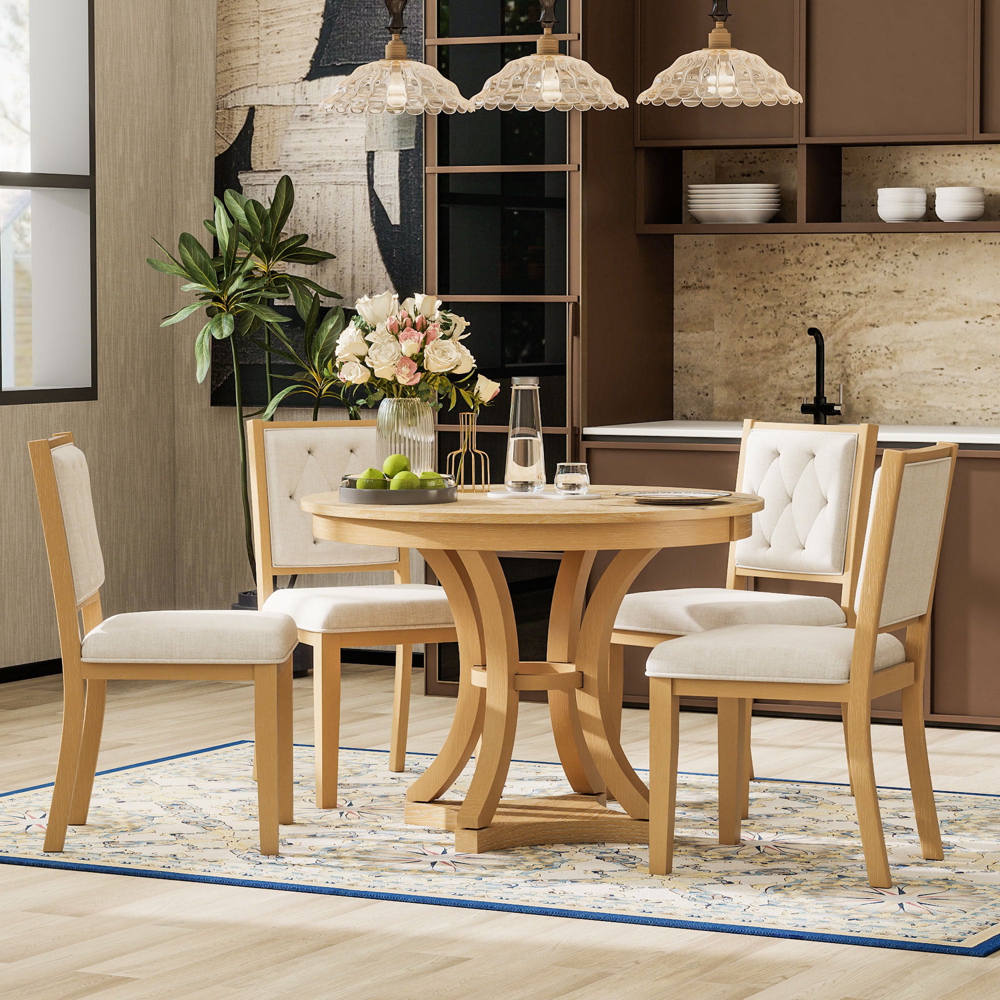Retro Round Dining Table Set with Extendable Round Table and 4 Upholstered Chairs
