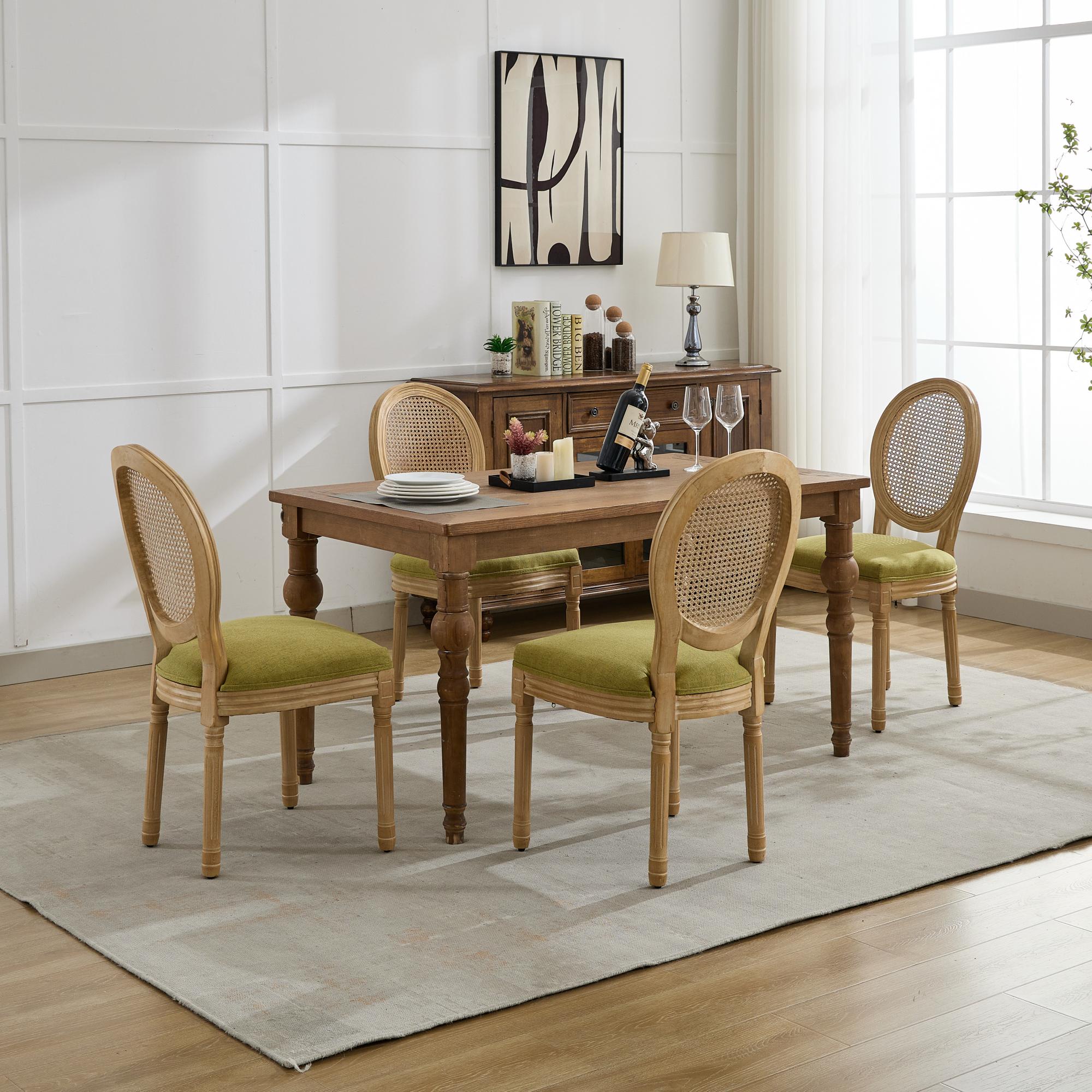 French Country Dining Chairs with Round Rattan Backrest, Set of 2