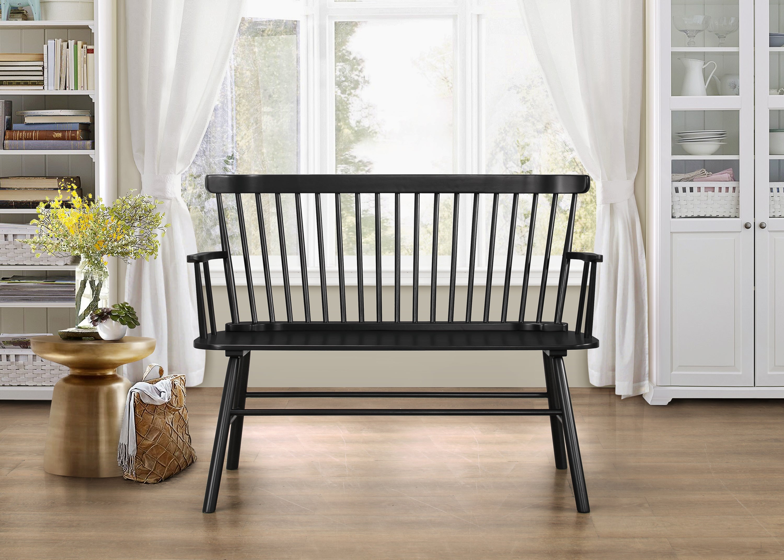 Farmhouse Vintage-Style Wood Spindle Back Bench