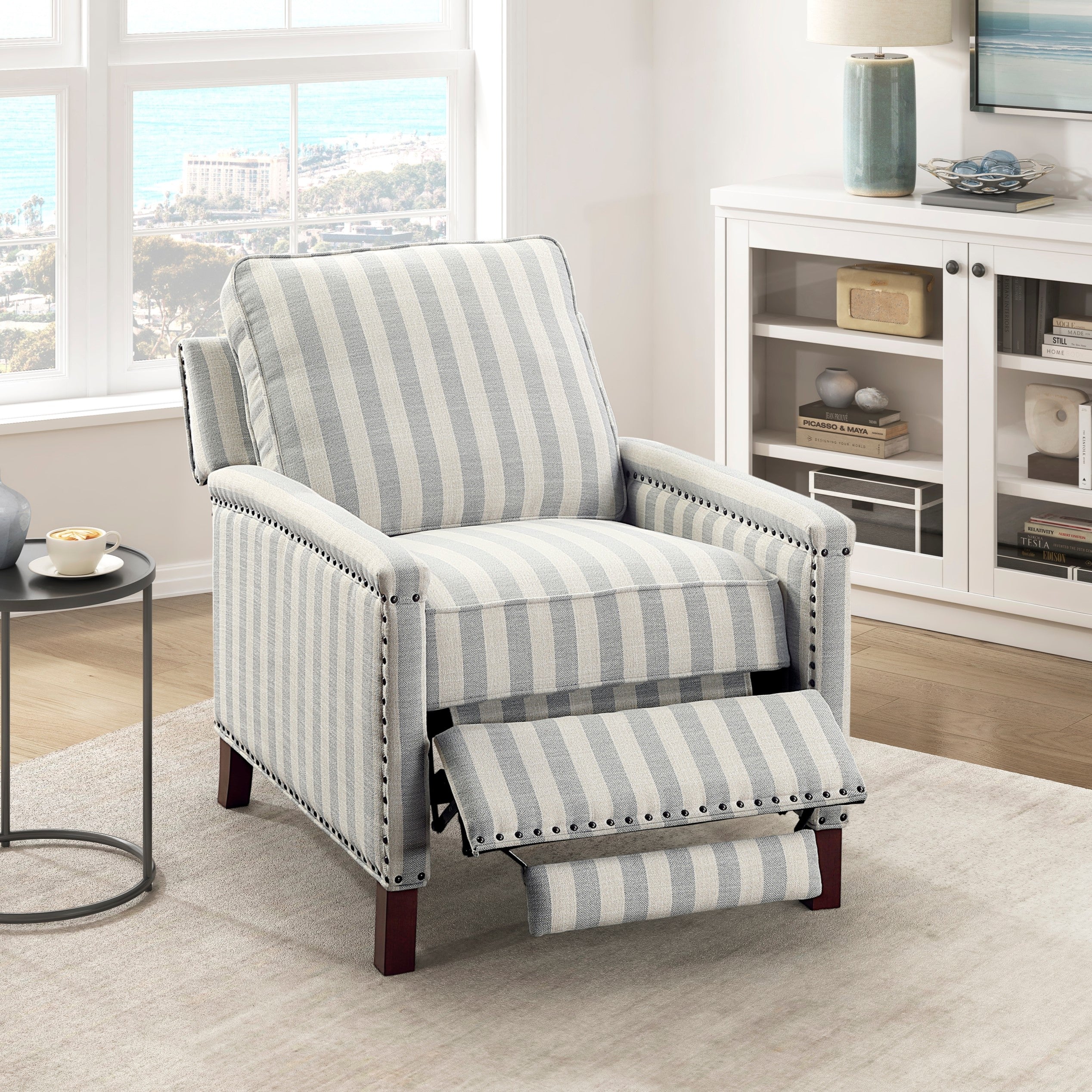 Nailhead Upholstered Striped Push Back Recliner