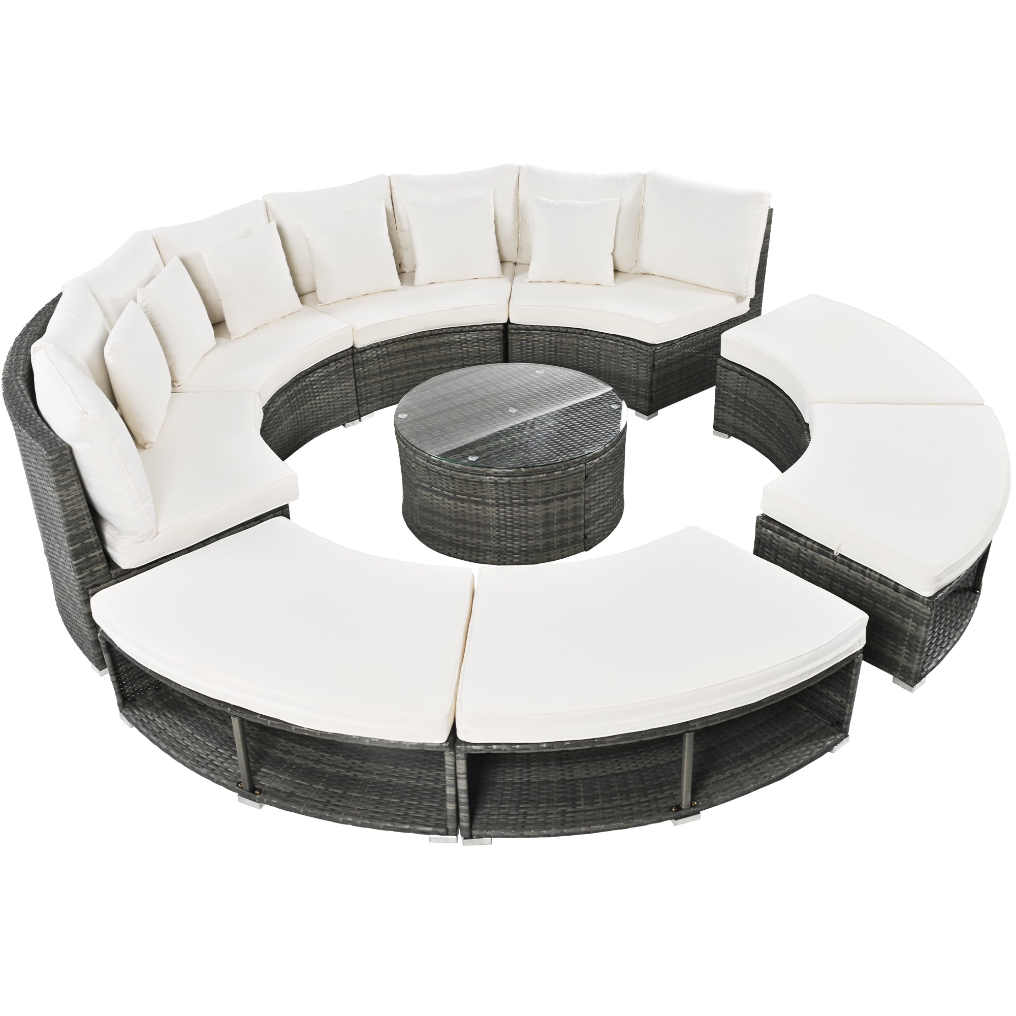 9-Piece Outdoor Circular Sofa Set with Tempered Glass Coffee Table and 6 Pillows