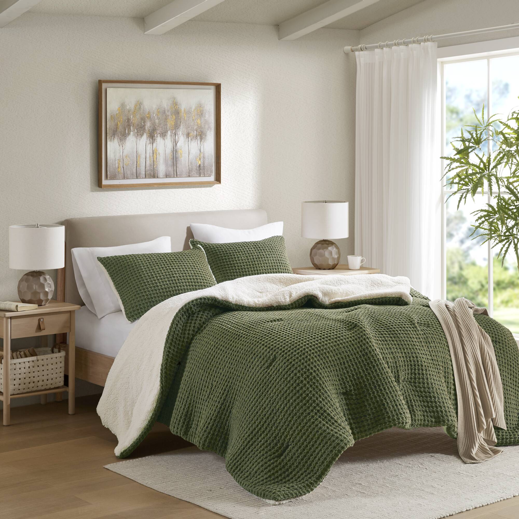 2 Piece Olive Waffle Knit Chenille Comforter Set