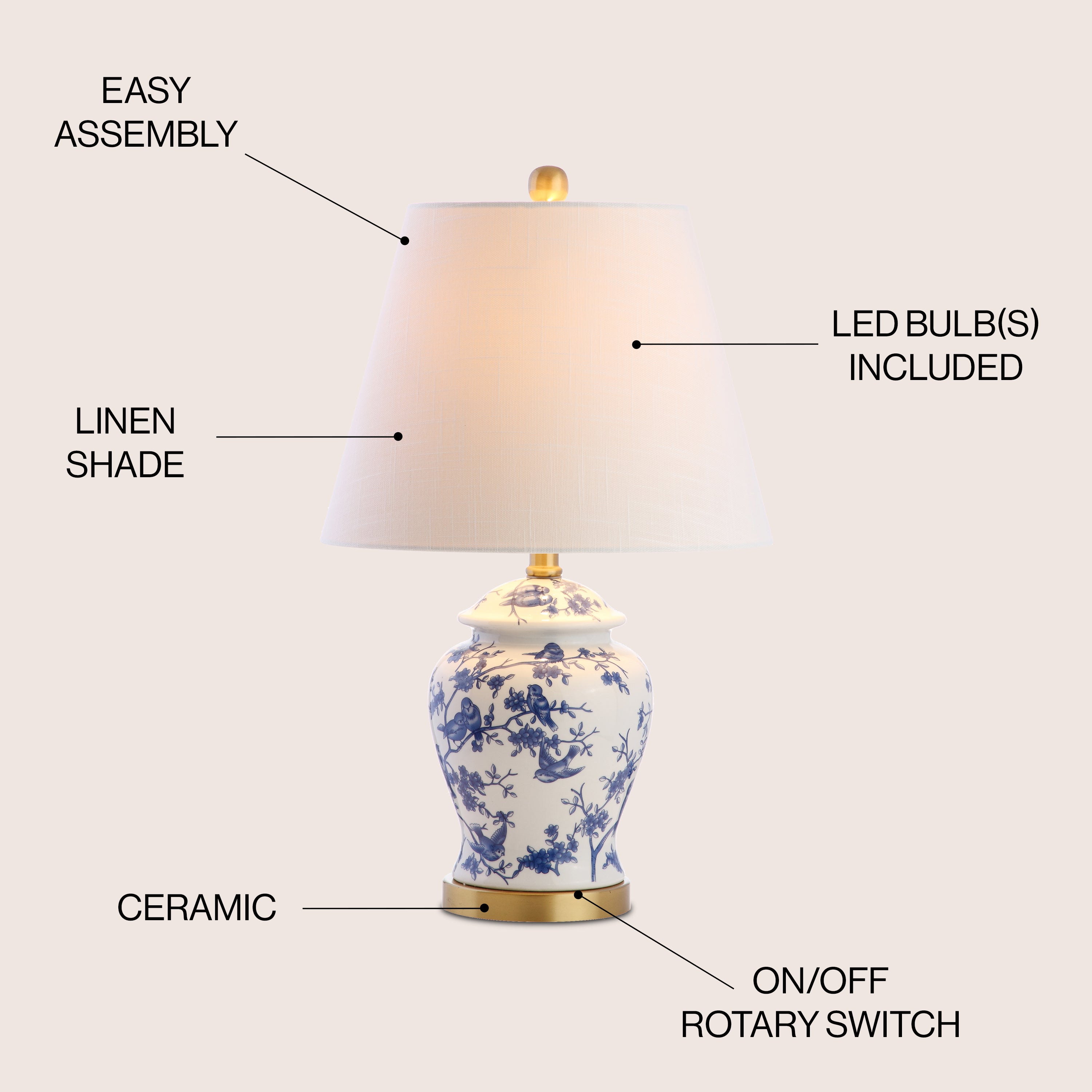 Penelope French Country Cottage Ceramic/Iron Chinoiserie Ginger Jar LED Table Lamp