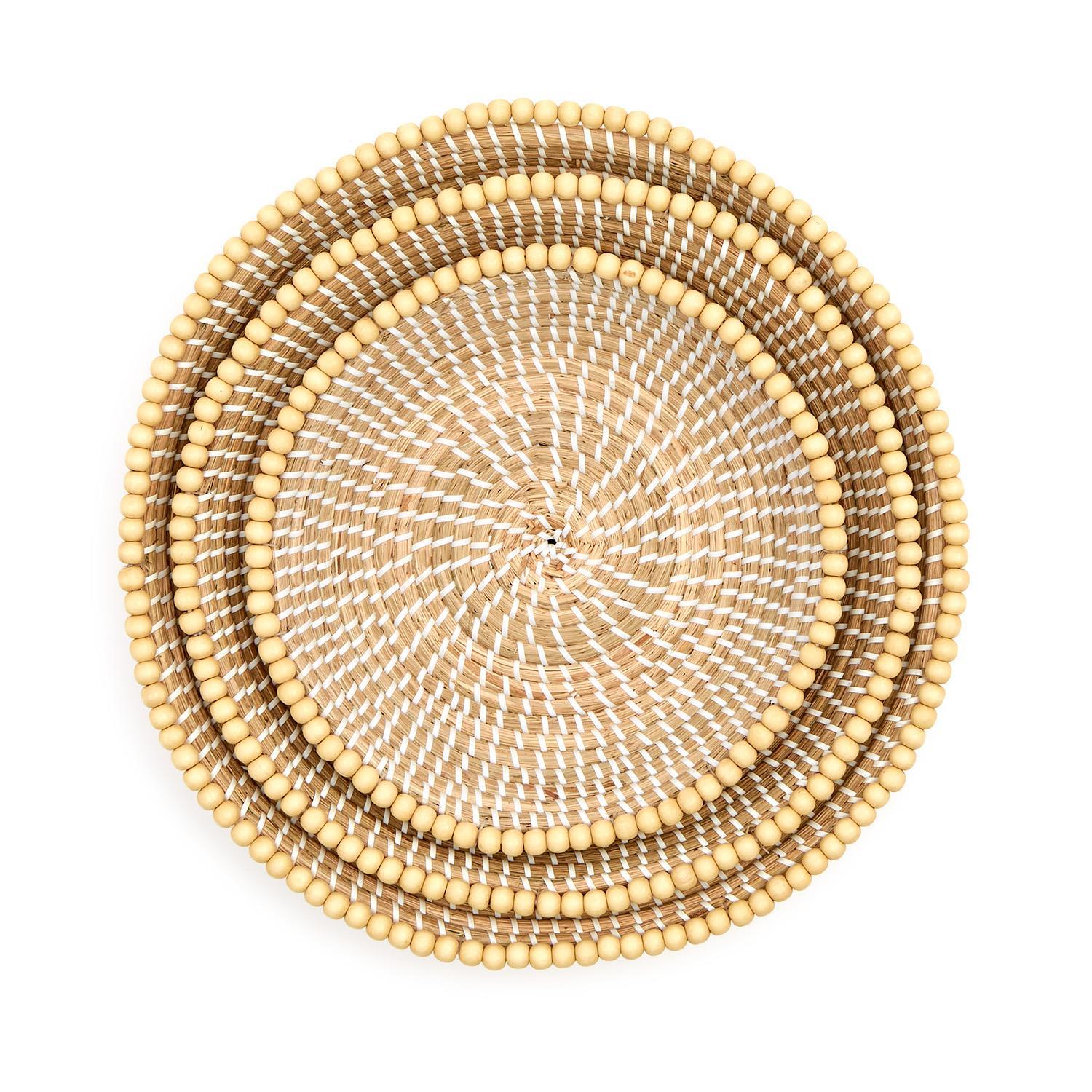 Natural Seagrass Round Serving Tray with Decorative Wooden Bead Accent, Set of 3
