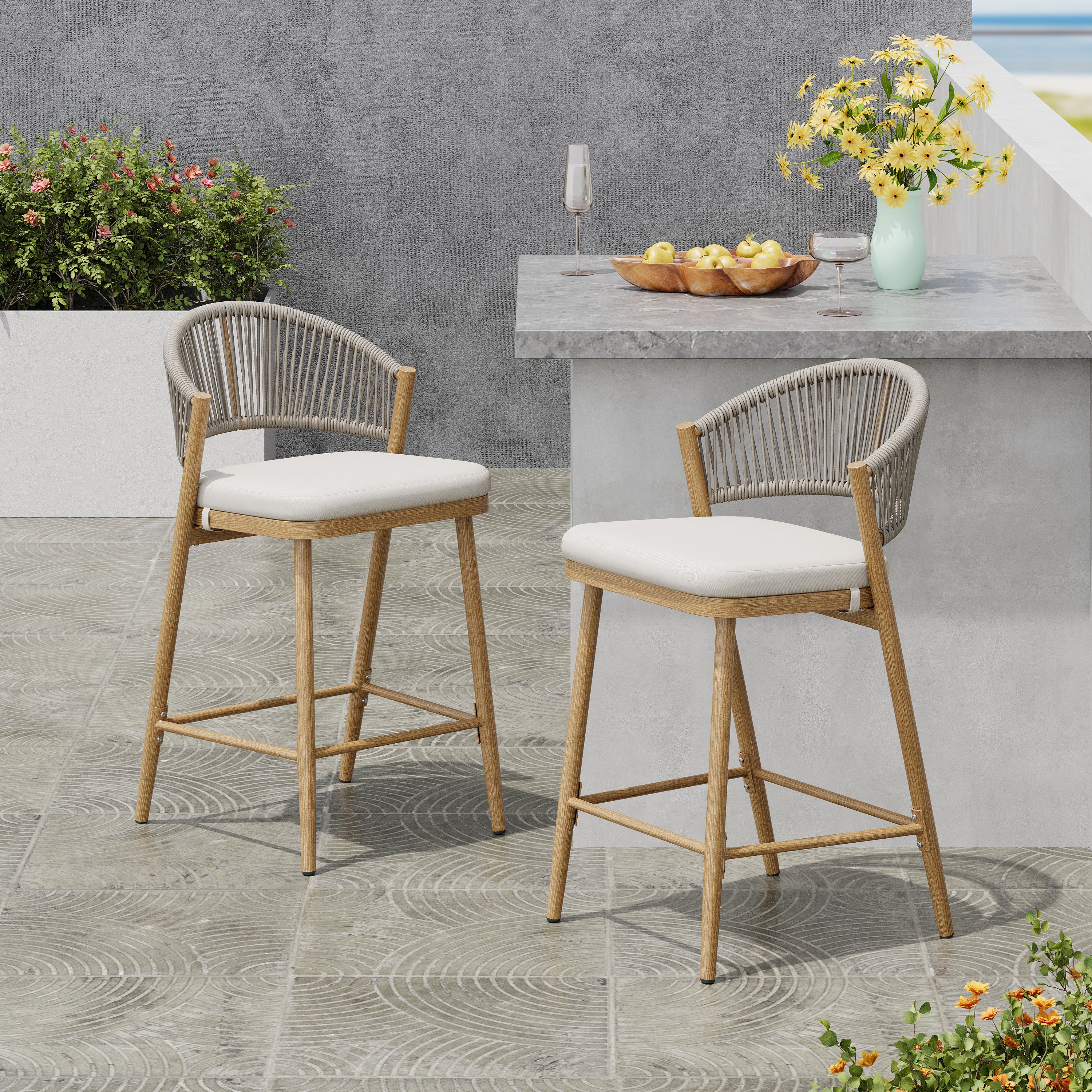 Outdoor Metal Frame Stools with Scallop-Shaped Backrest & Water-Resistant Cushions, Set of 2