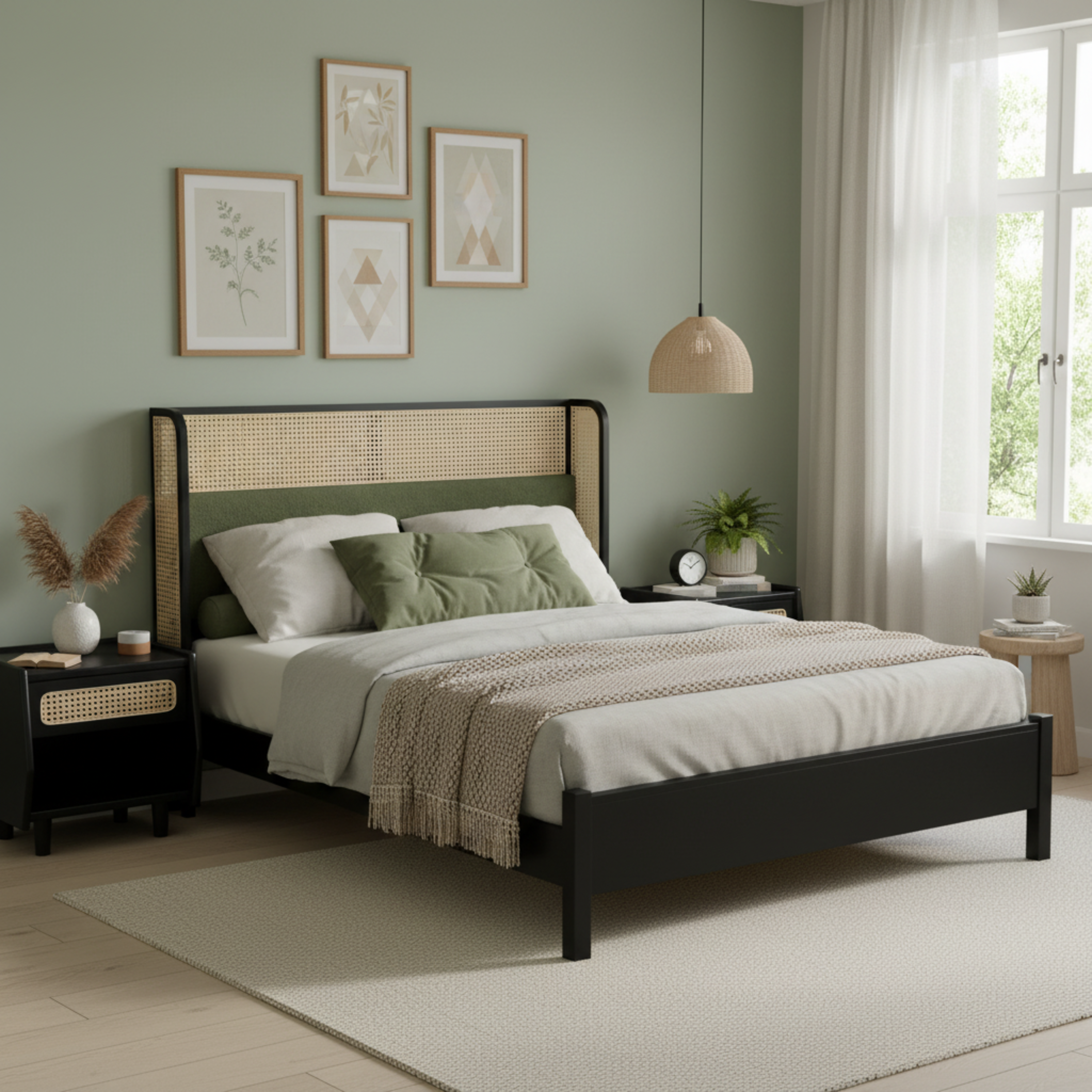 Bed Frame with Solid Wood Headboard, Black with Green