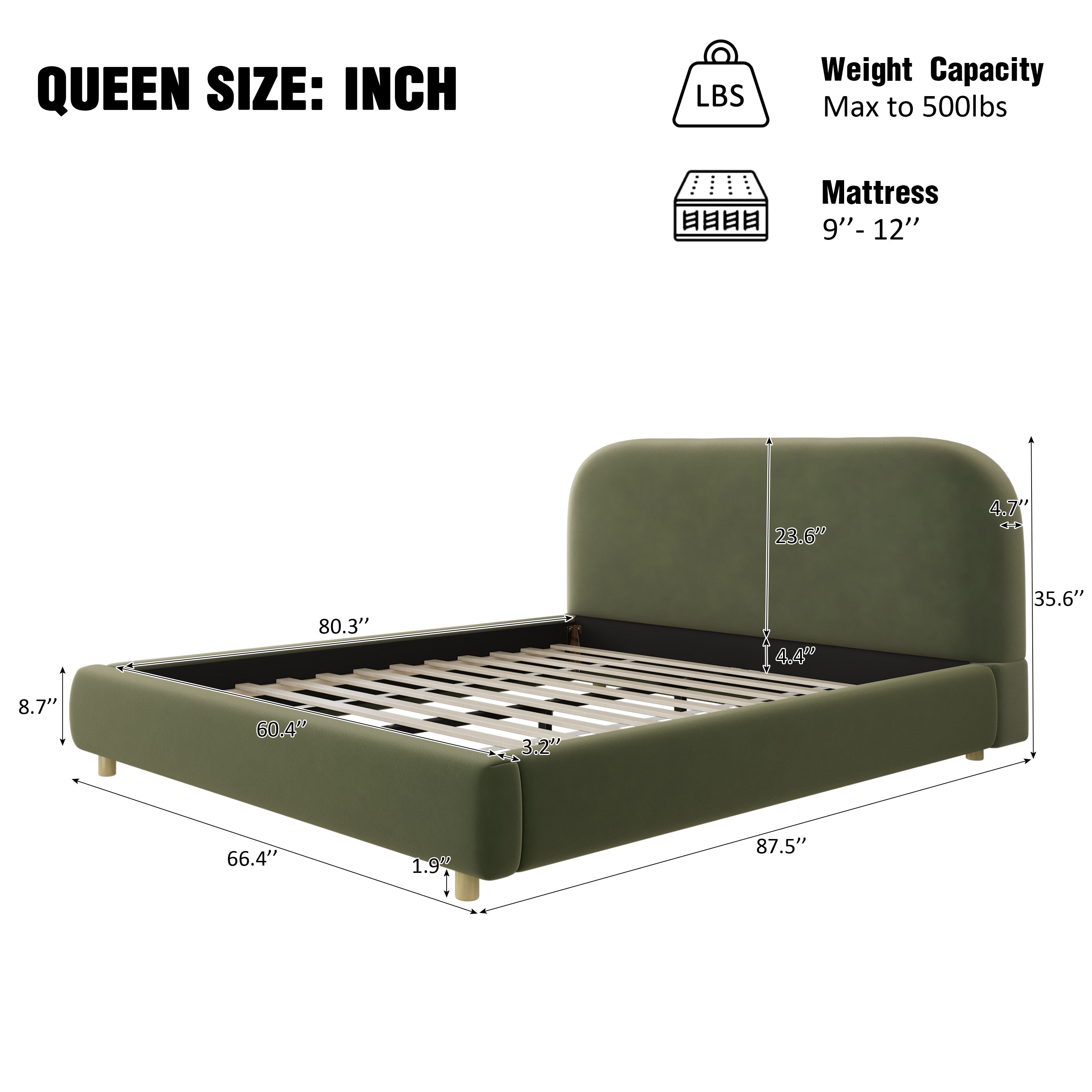 Olive Green Velvet Upholstered Platform Bed with Curve-Shaped Design Headboard
