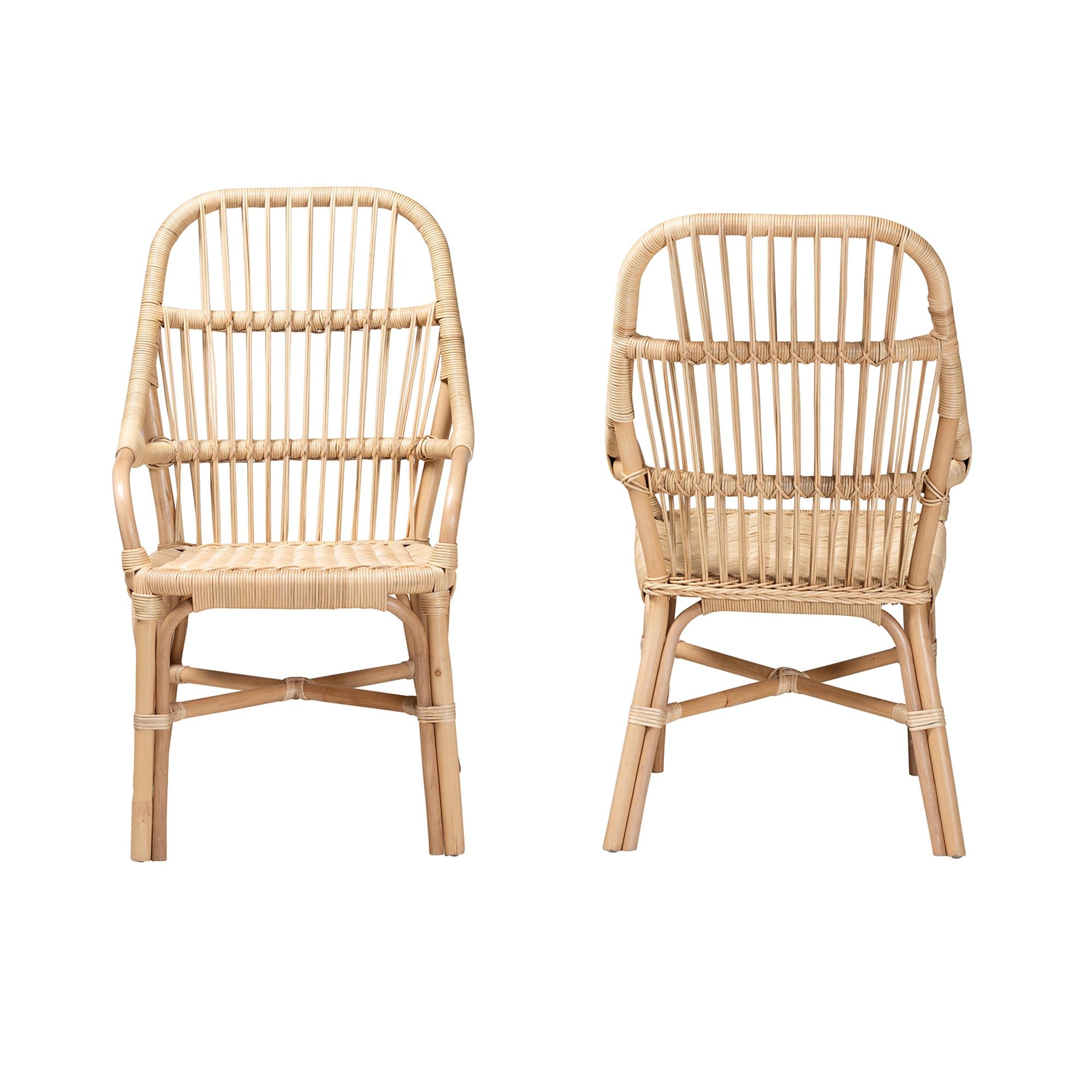 Sumatera Modern Bohemian Natural Brown Rattan Dining Chair, Set of 2