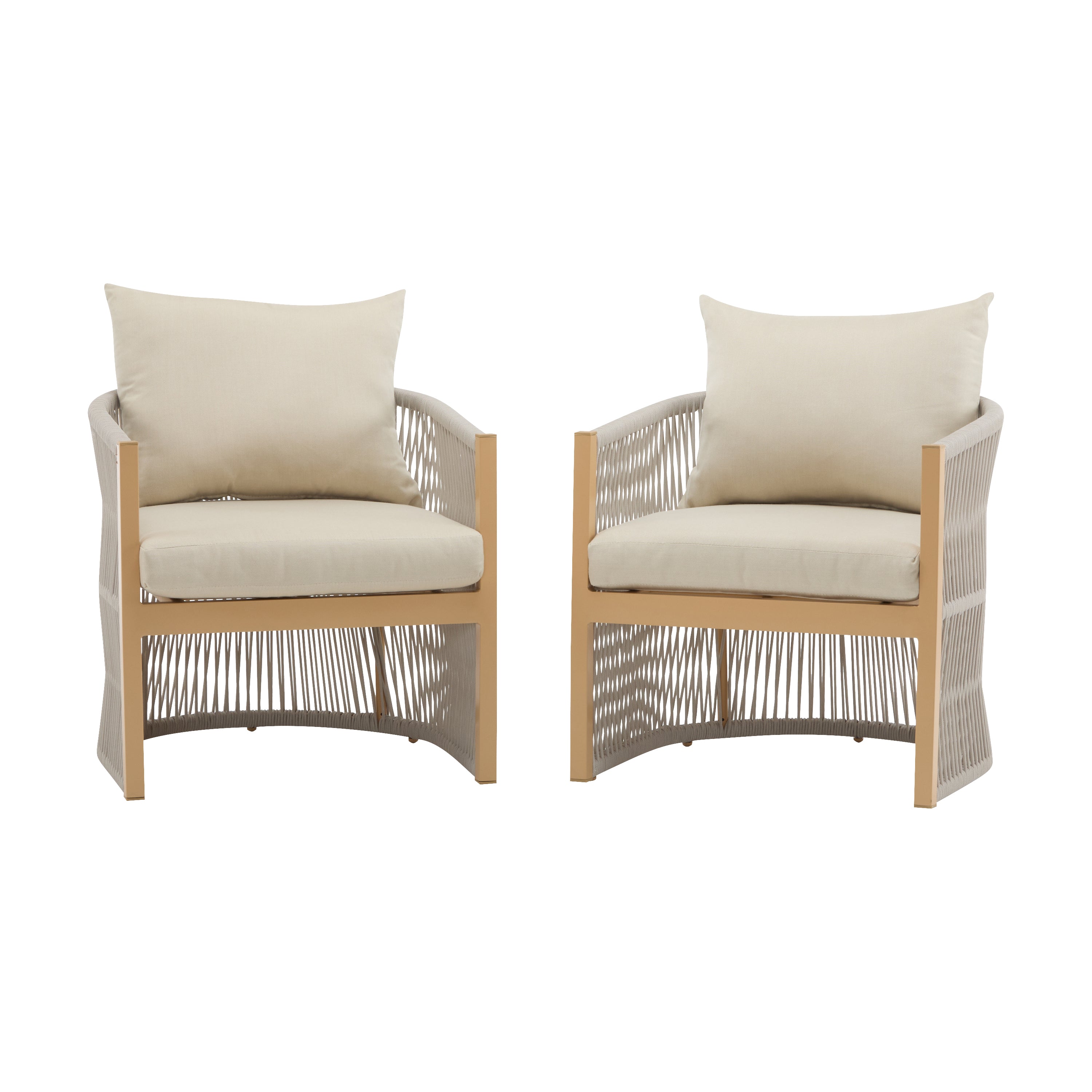 Modern Beige Curved Aluminum Lounge Chair with Stylish Rope-Weave Design and Cushioned Comfort