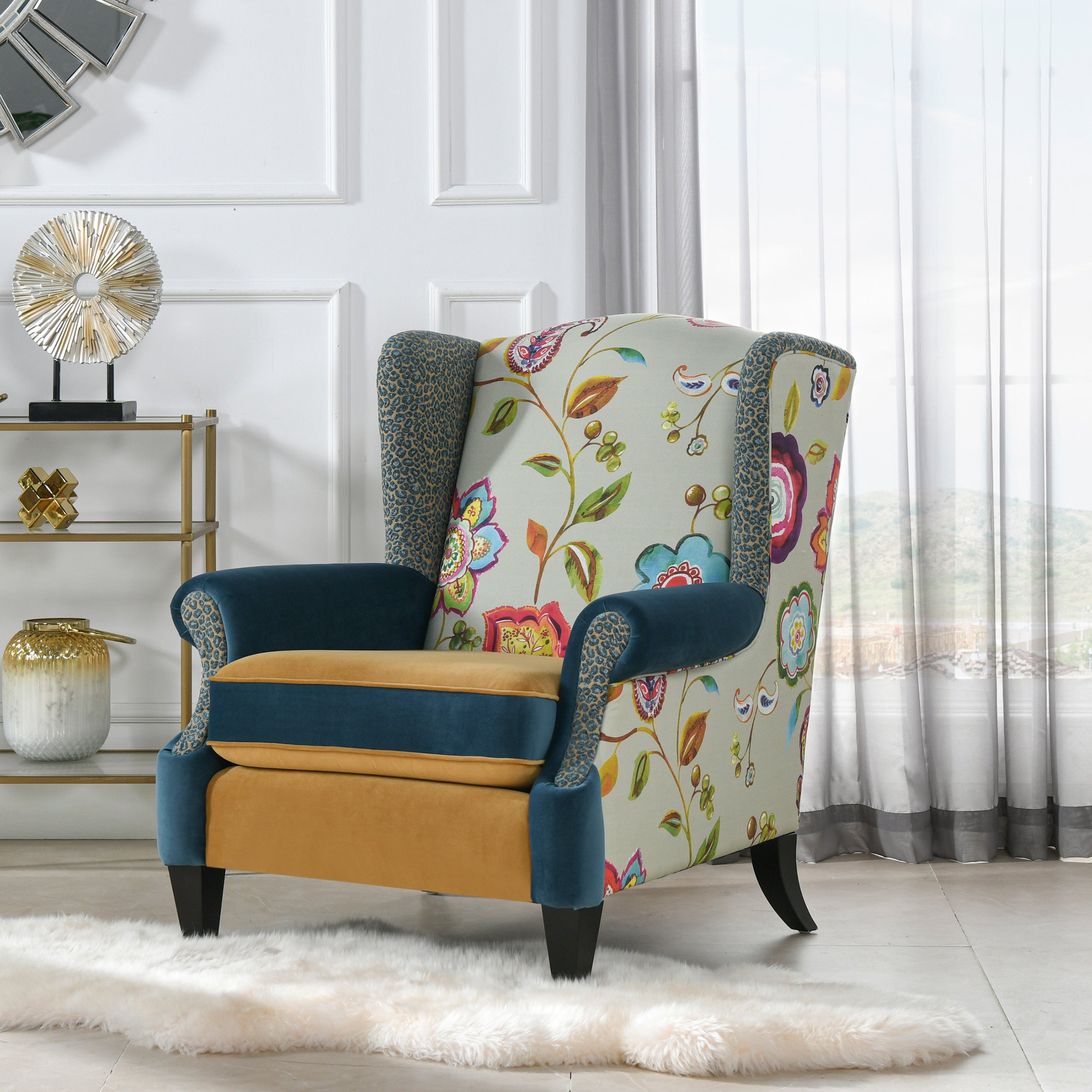 Anya Teal & Gold Boho Chic Wingback Accent Arm Chair