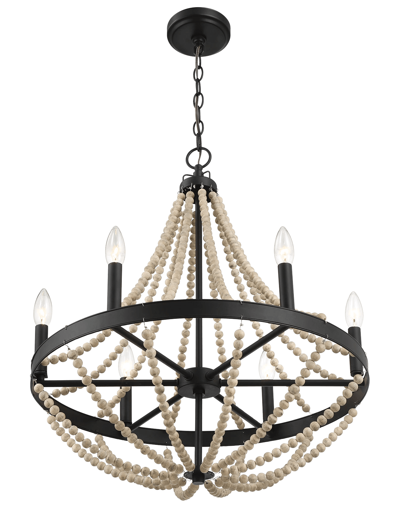 Chandelier with Wood Beads and Six Candle Light