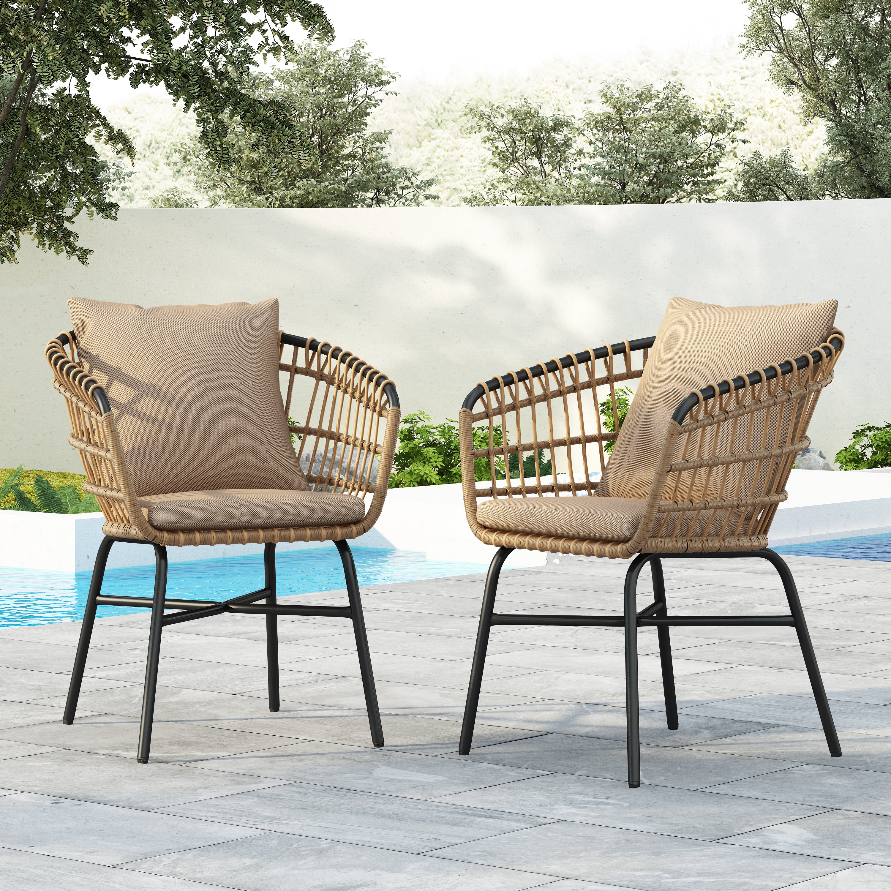 Outdoor PE Rattan Chair with Water-Resistant Cushions, Set of 2