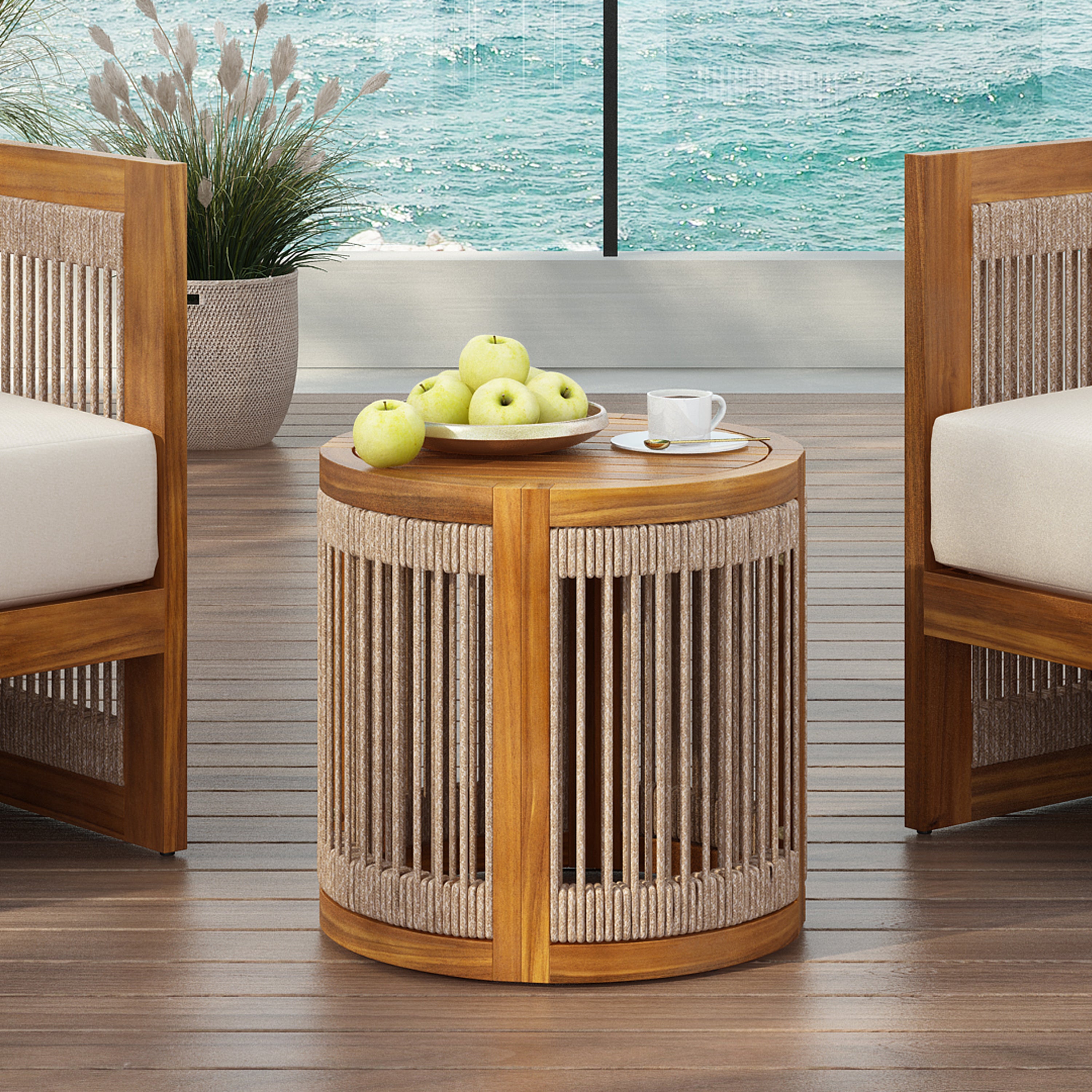 Sundara Acacia Wood Outdoor Side Table with Handwoven Rope Accents