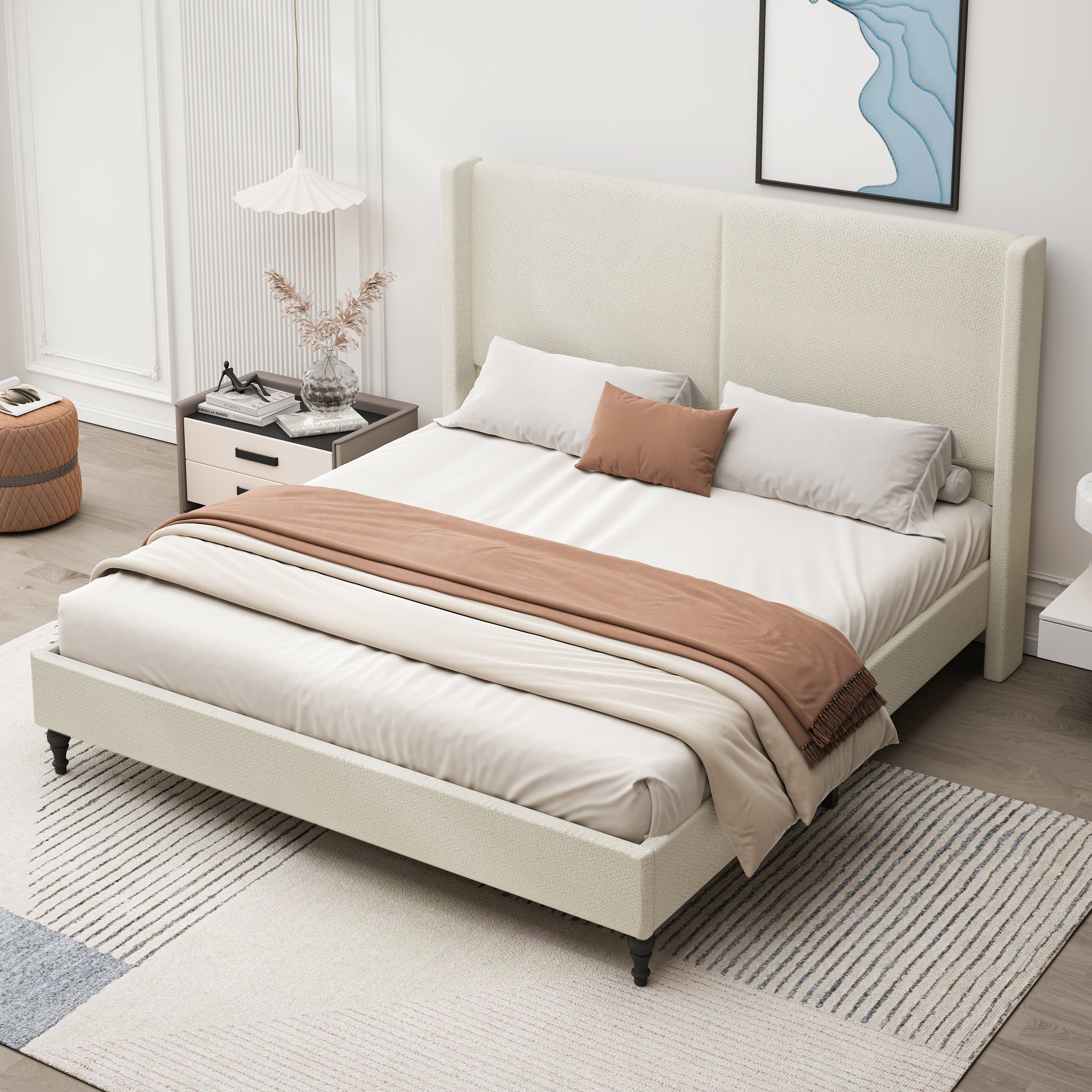 Bed Frame with 55.5"High Back Boucle Upholstered Headboard