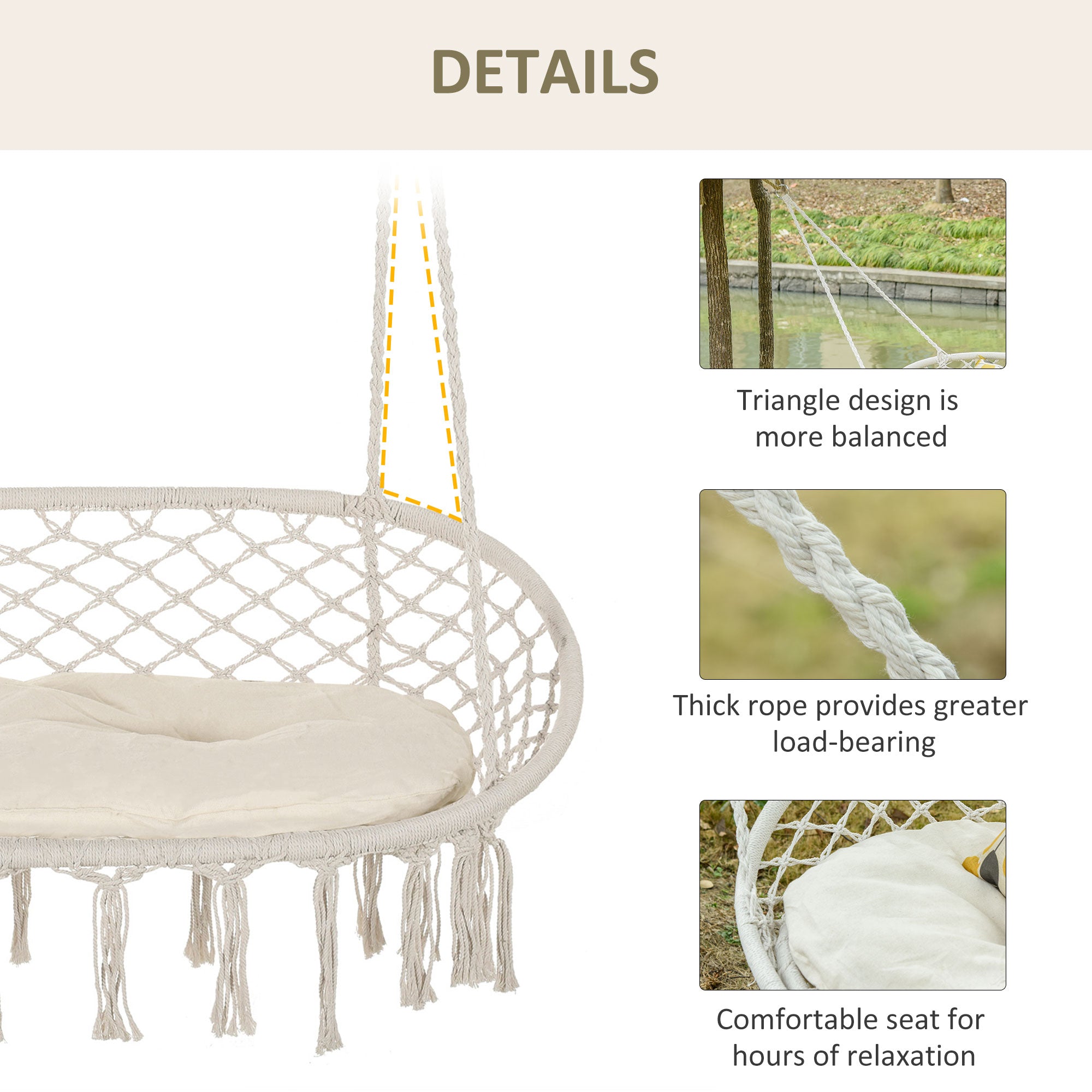 Visioned Outdoor Hanging Hammock Swing Chair with Macrame Design and Soft Cushion