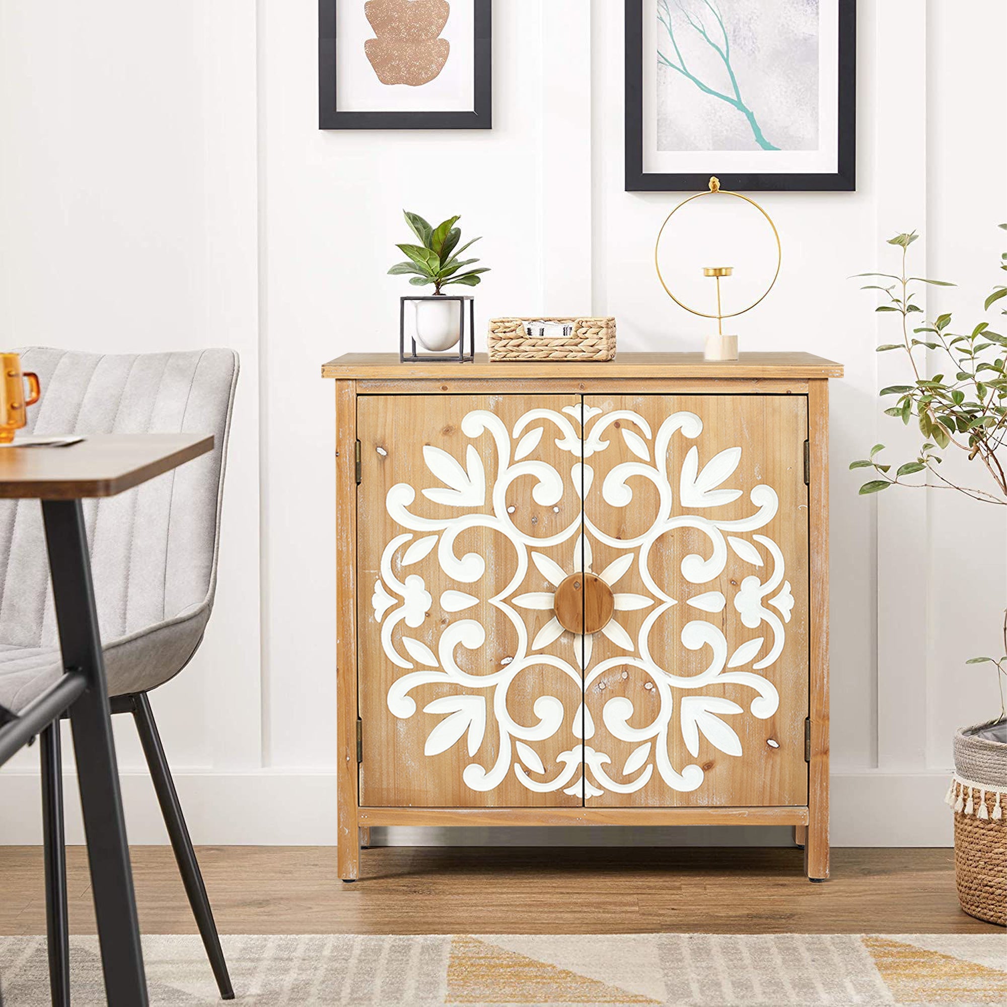 Maharaja Wooden Accent Cabinet with Floral Carved Doors