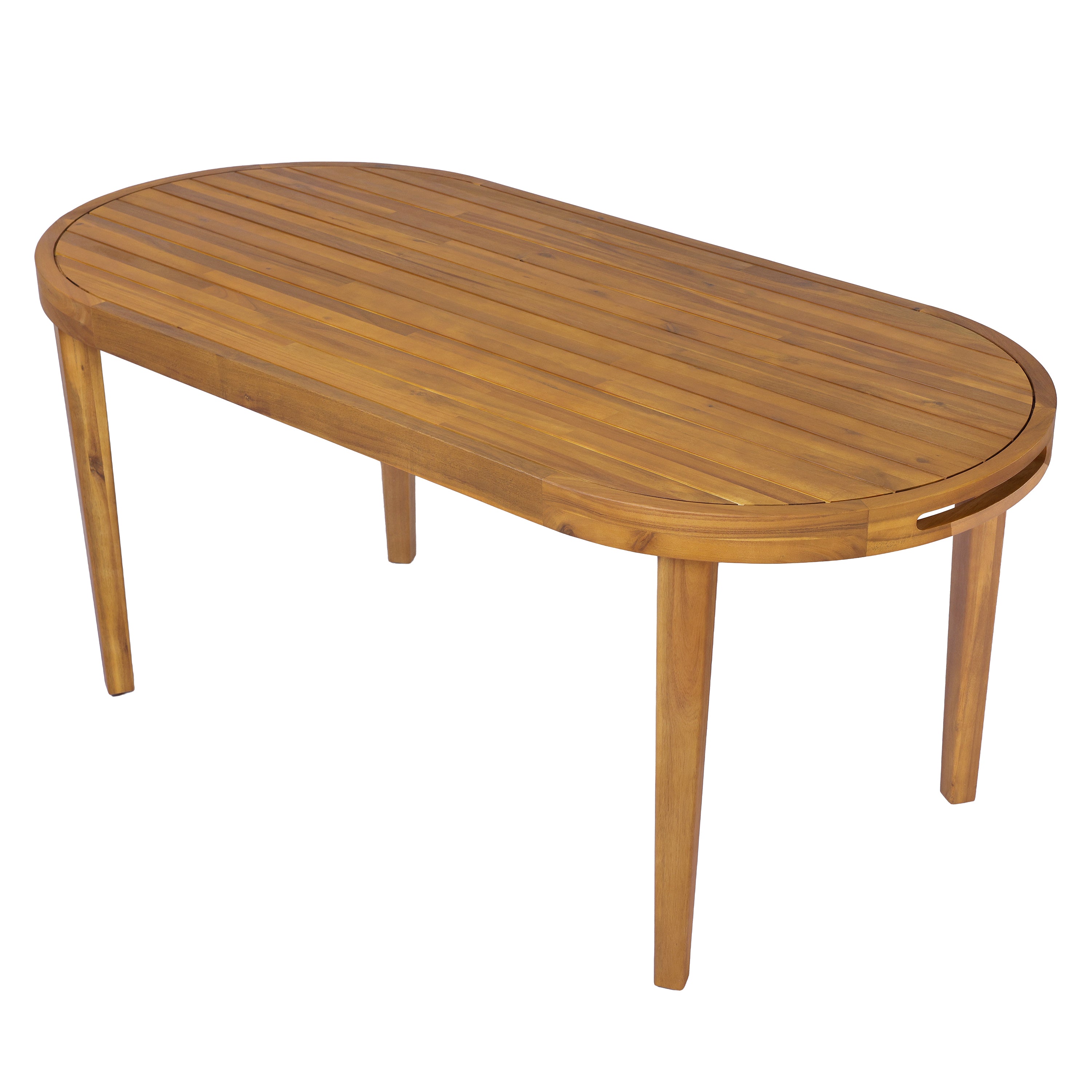 70" Oval Acacia Wood Outdoor Dining Table with Slatted Top, Weathered Finish,Teak finish