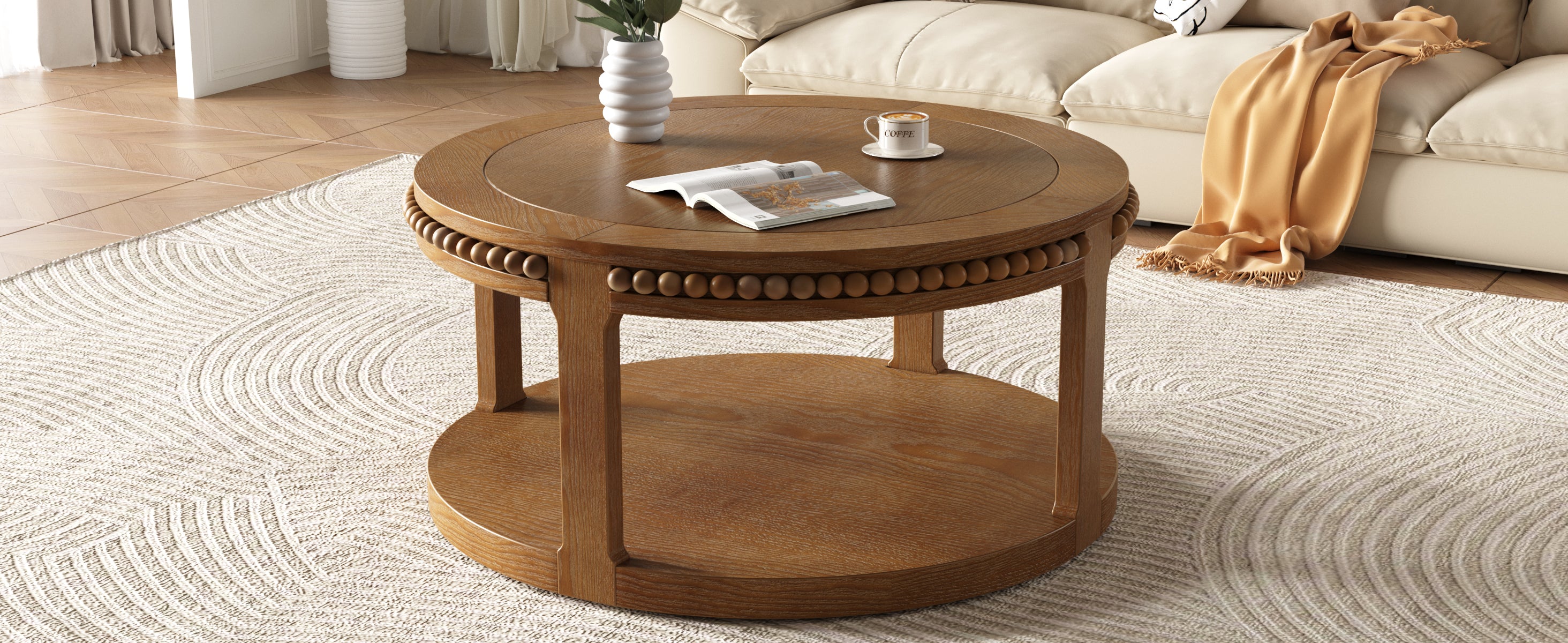 Round Solid Wood Coffee Table with Beaded Accent Edge
