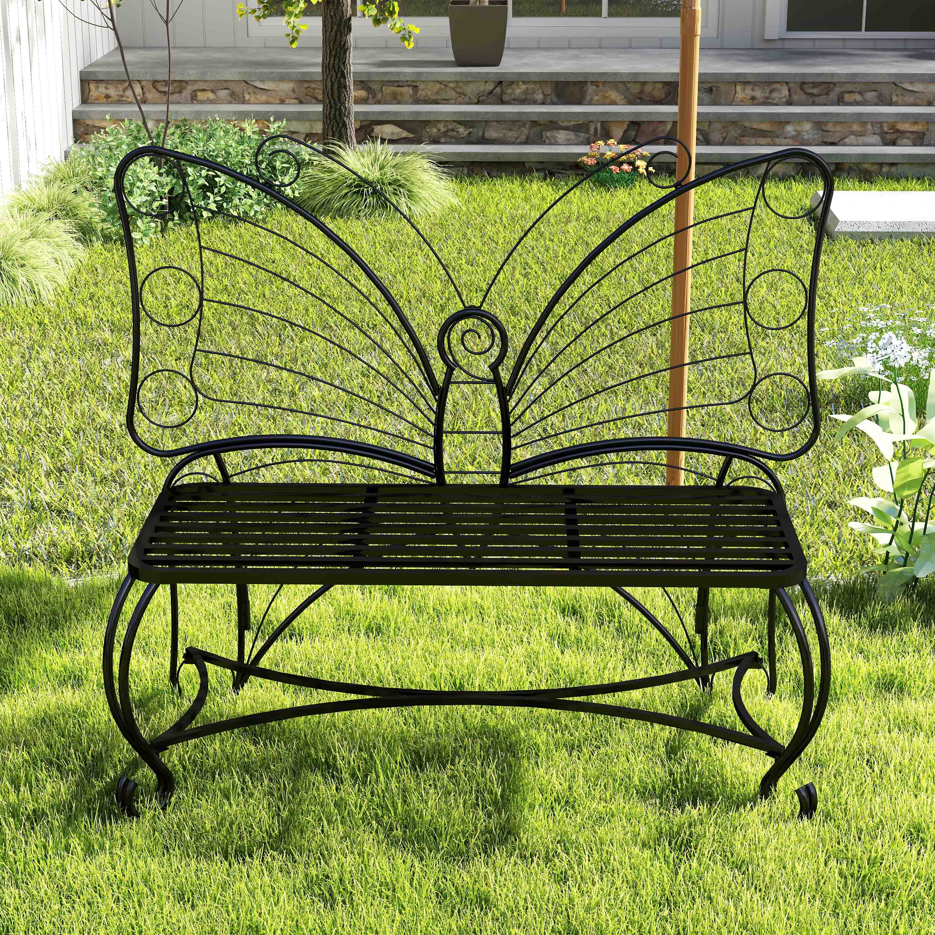 Monazite Outdoor Bench with Butterfly Back Design and Metal Frame