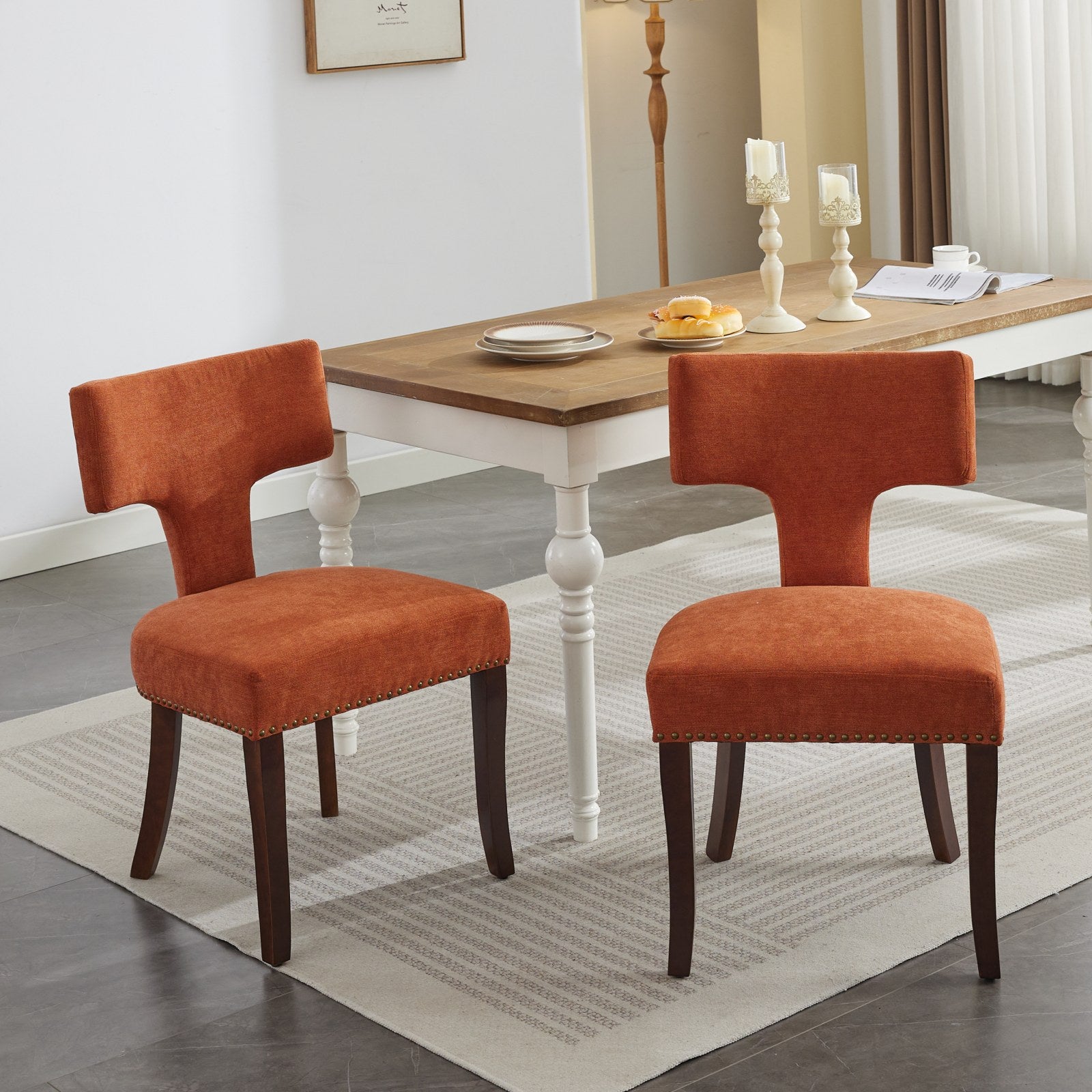 Mid Century Modern Dining Chairs Set of 2, Farmhouse Linen Fabric Upholstered Accent Chair Curved Backrest with Copper Nails around,Kitchen Chairs with Hardwood Frame, Orange