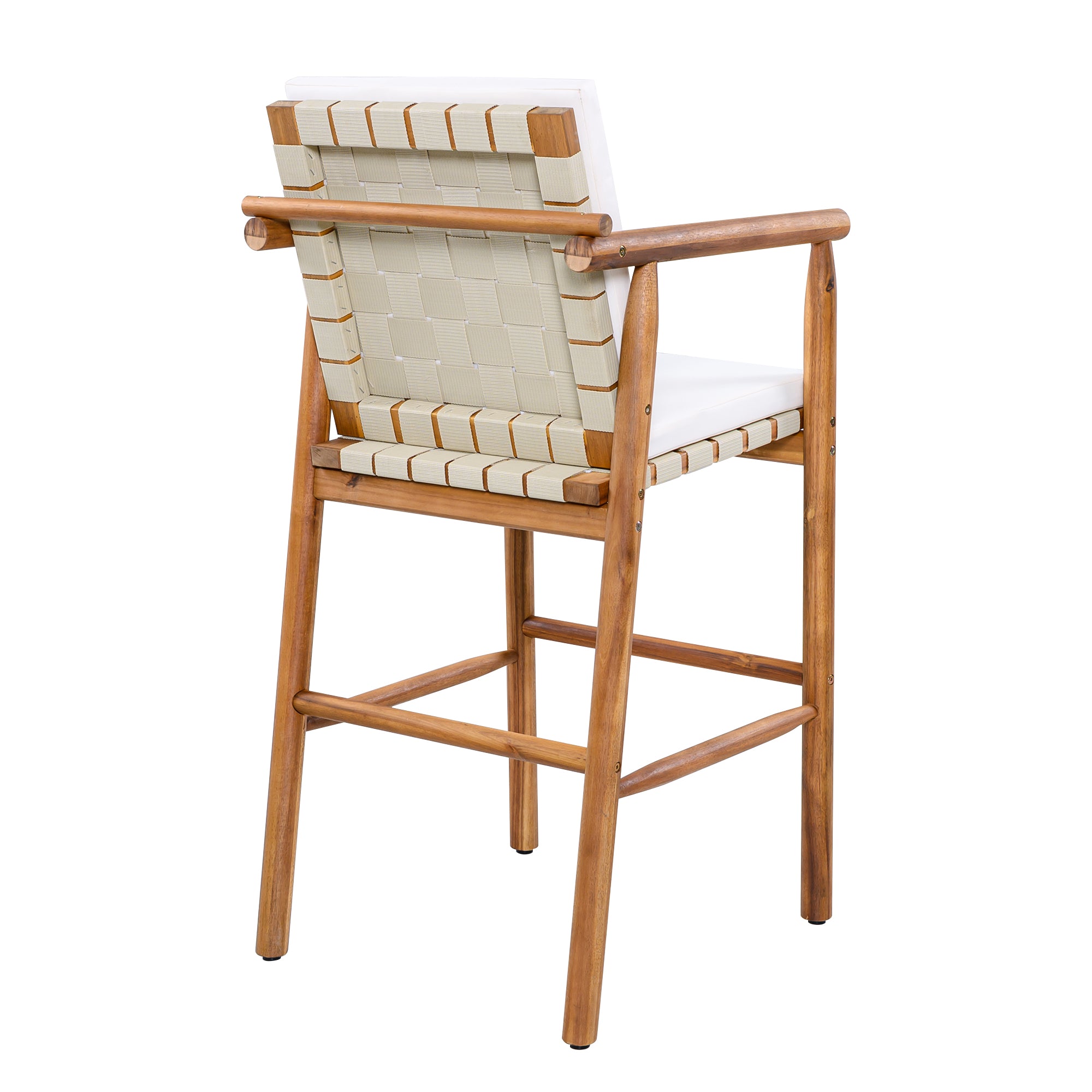 Modern Outdoor Patio Acacia Wooden Counter Height Bar Stools with Backrest Arm and Webbing Seat with Cushions, Set of 2