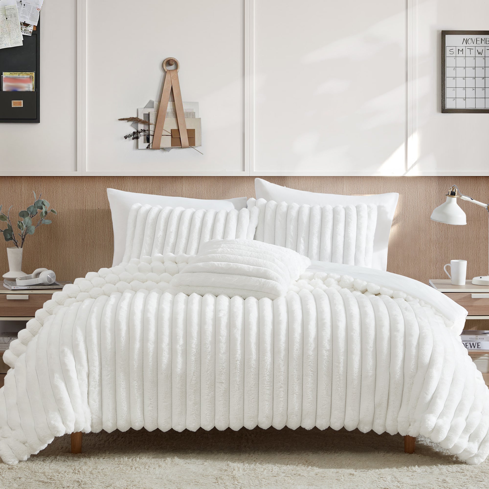 Everett Channel Faux Fur White 4 PC Comforter Set