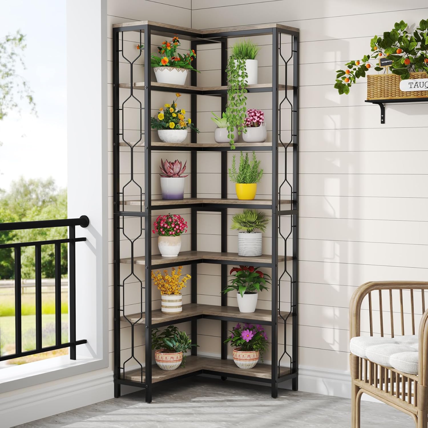 7-Tier Industrial Corner Bookshelf with Metal Frame