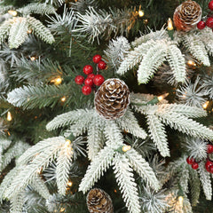 6.5 ft Pre-lit Slim Flocked Halifax Fir Artificial Christmas Tree Clear Lights, Pinecones & Red Berries and Metal Stand