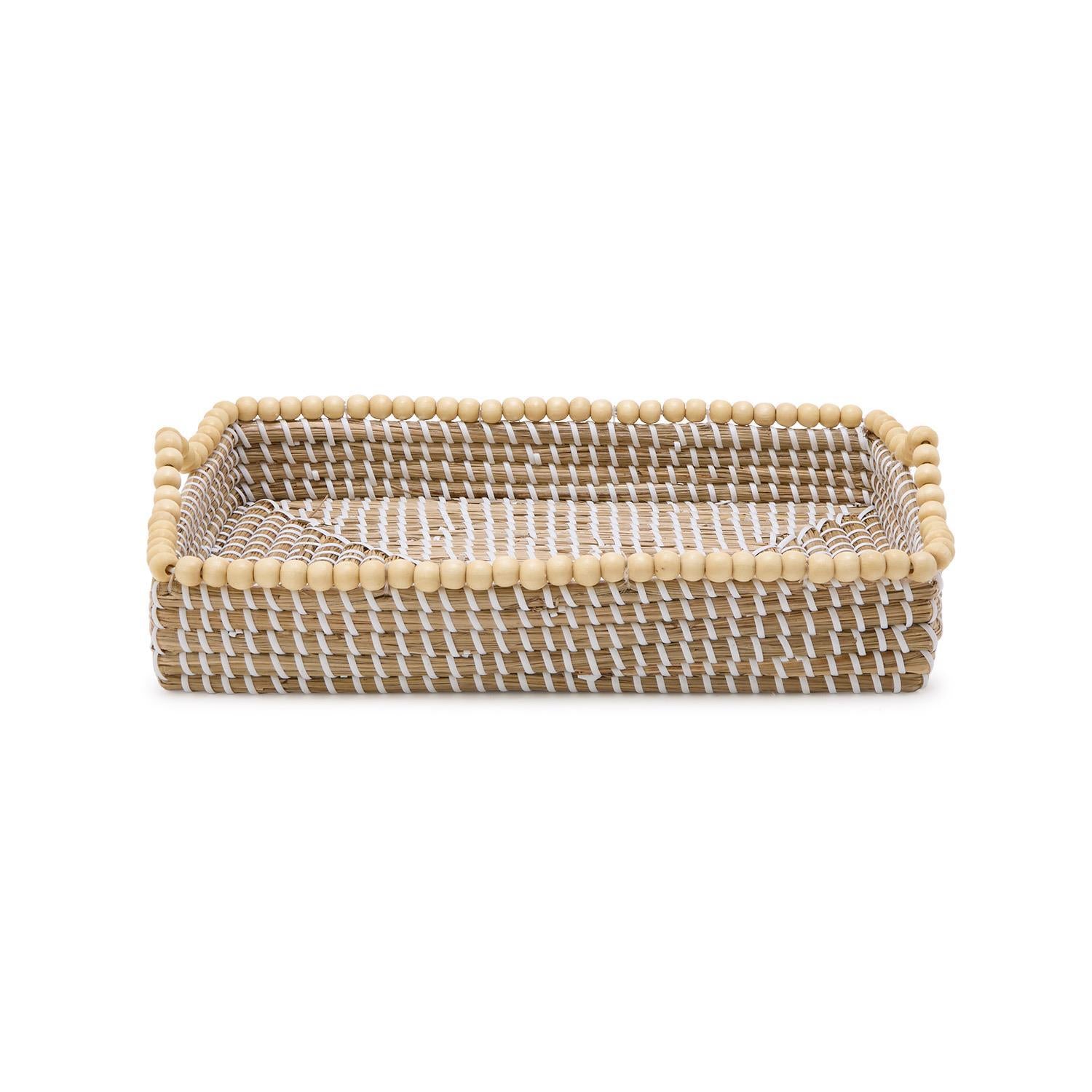 Natural Seagrass Rectangle Trays with Wooden Bead Accent, Set of 3