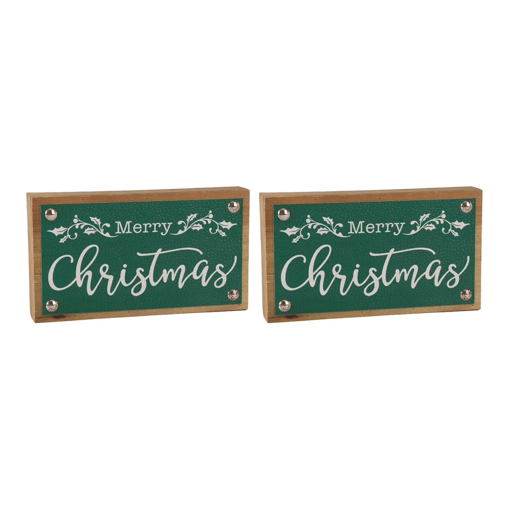 Merry Christmas Sign with Faux Leather Accent (Set of 2)