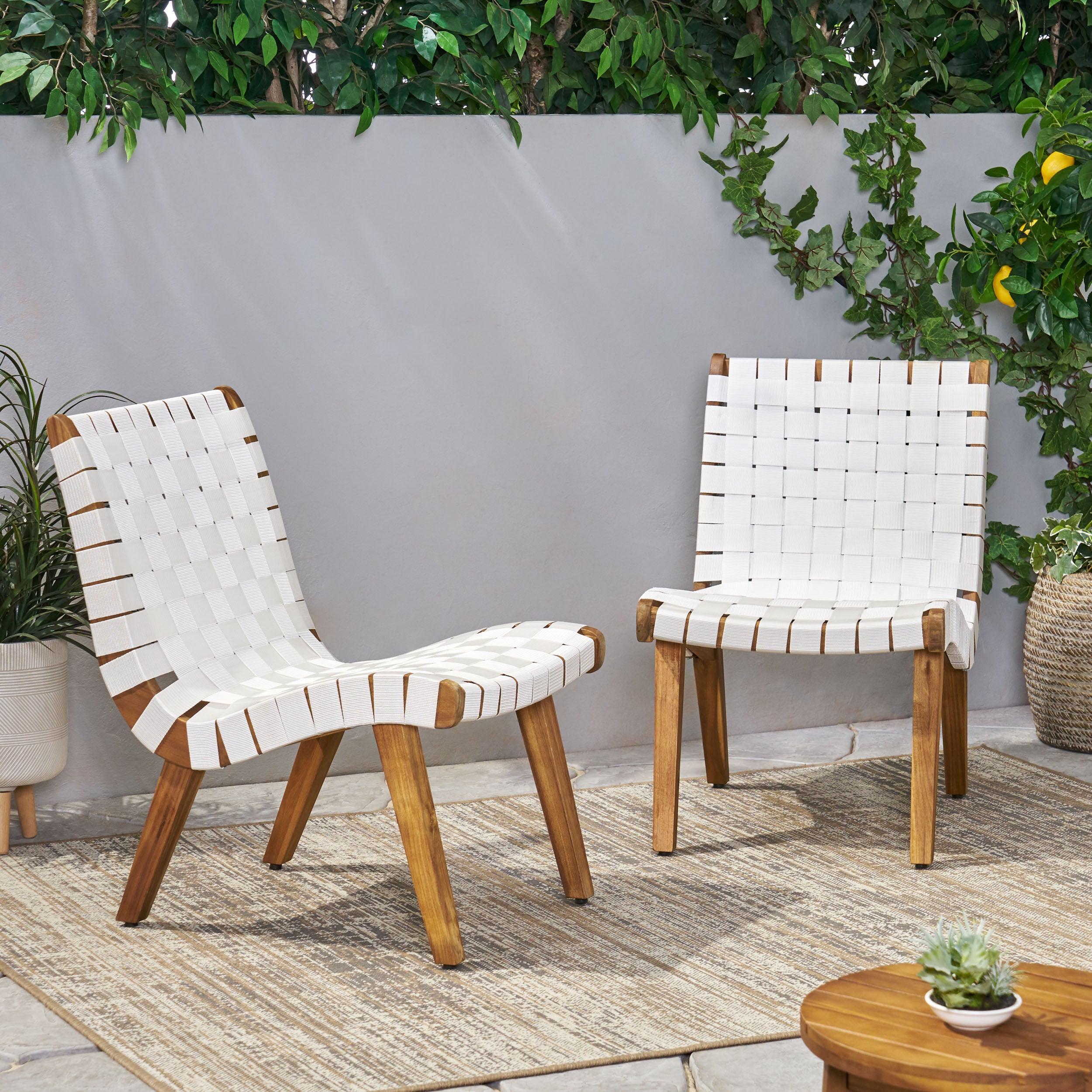 Delights Outdoor Lounge Chair with Rope Weave Design and Wood Frame, Set of 2