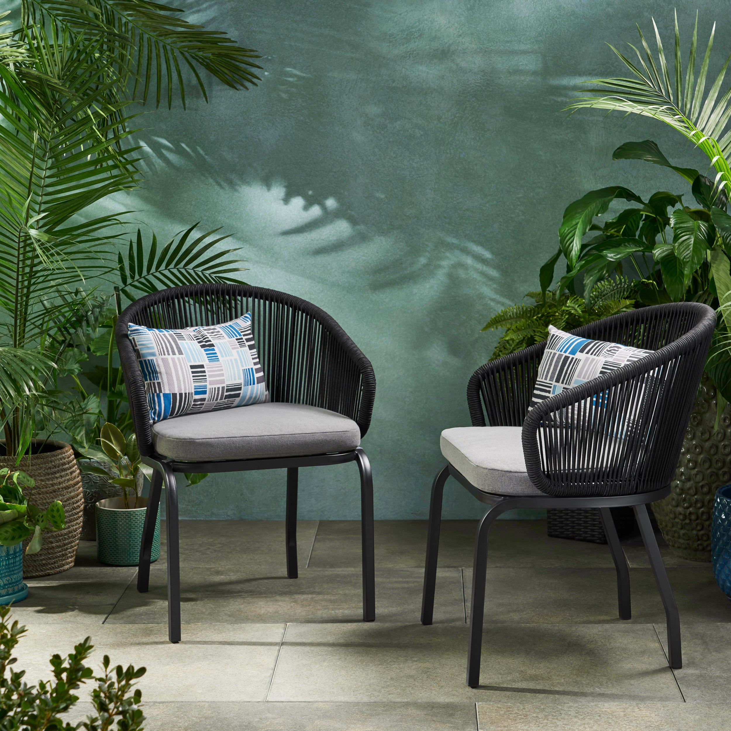 Outdoor Accent Chair with Rope Weave and Metal Frame, Set of 2