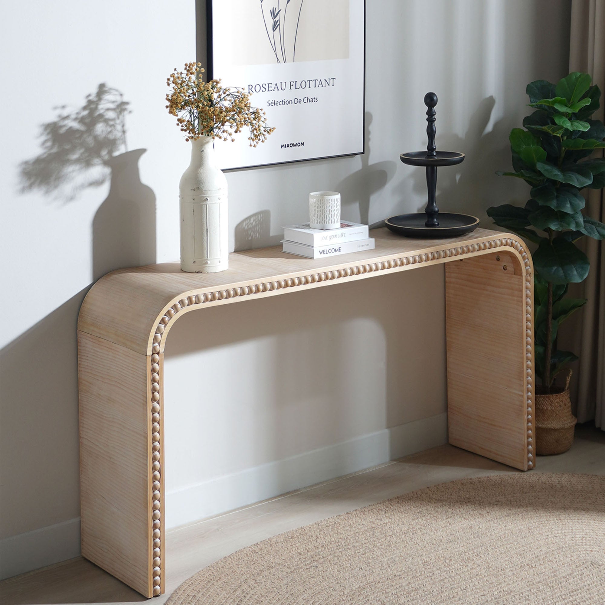 Curved Waterfall-Style Wood Beaded Console Table